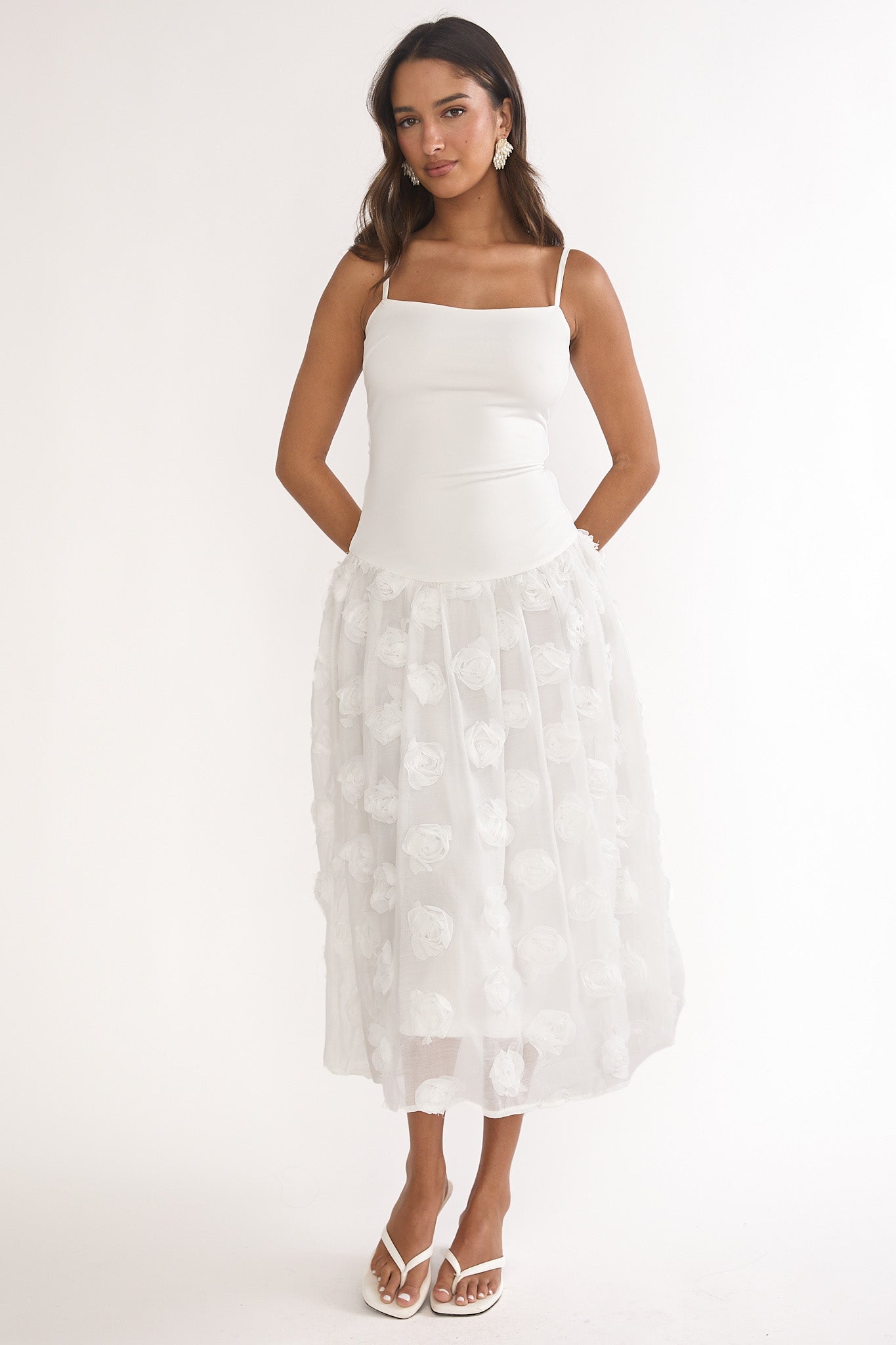Adley Embellished Drop Waist Midi Dress White by Selfie Leslie