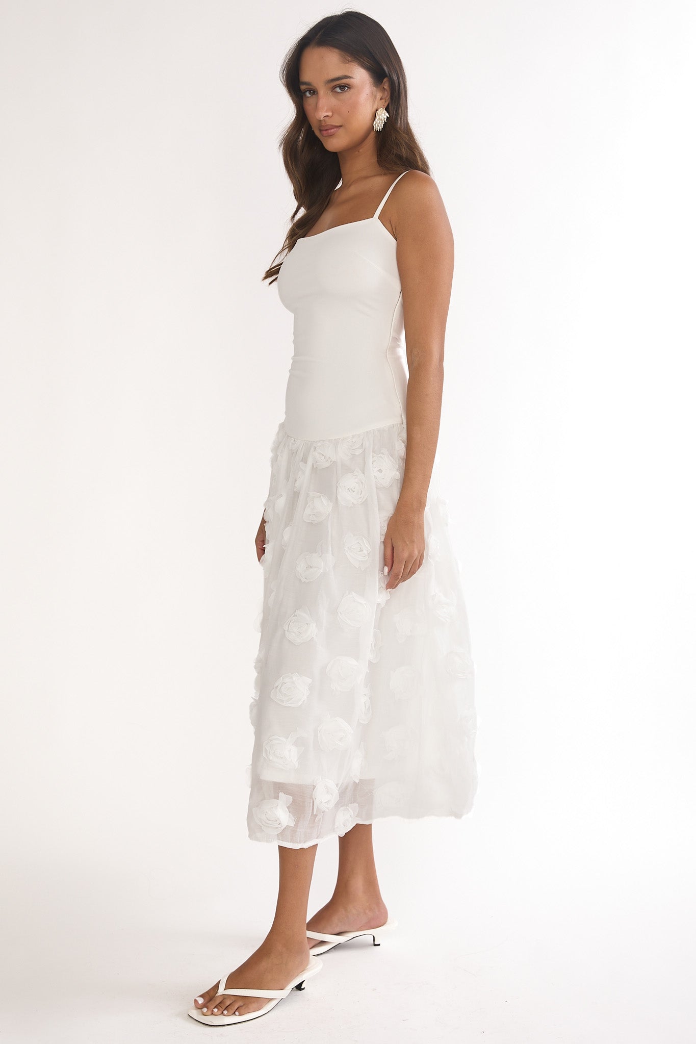 Adley Embellished Drop Waist Midi Dress White by Selfie Leslie