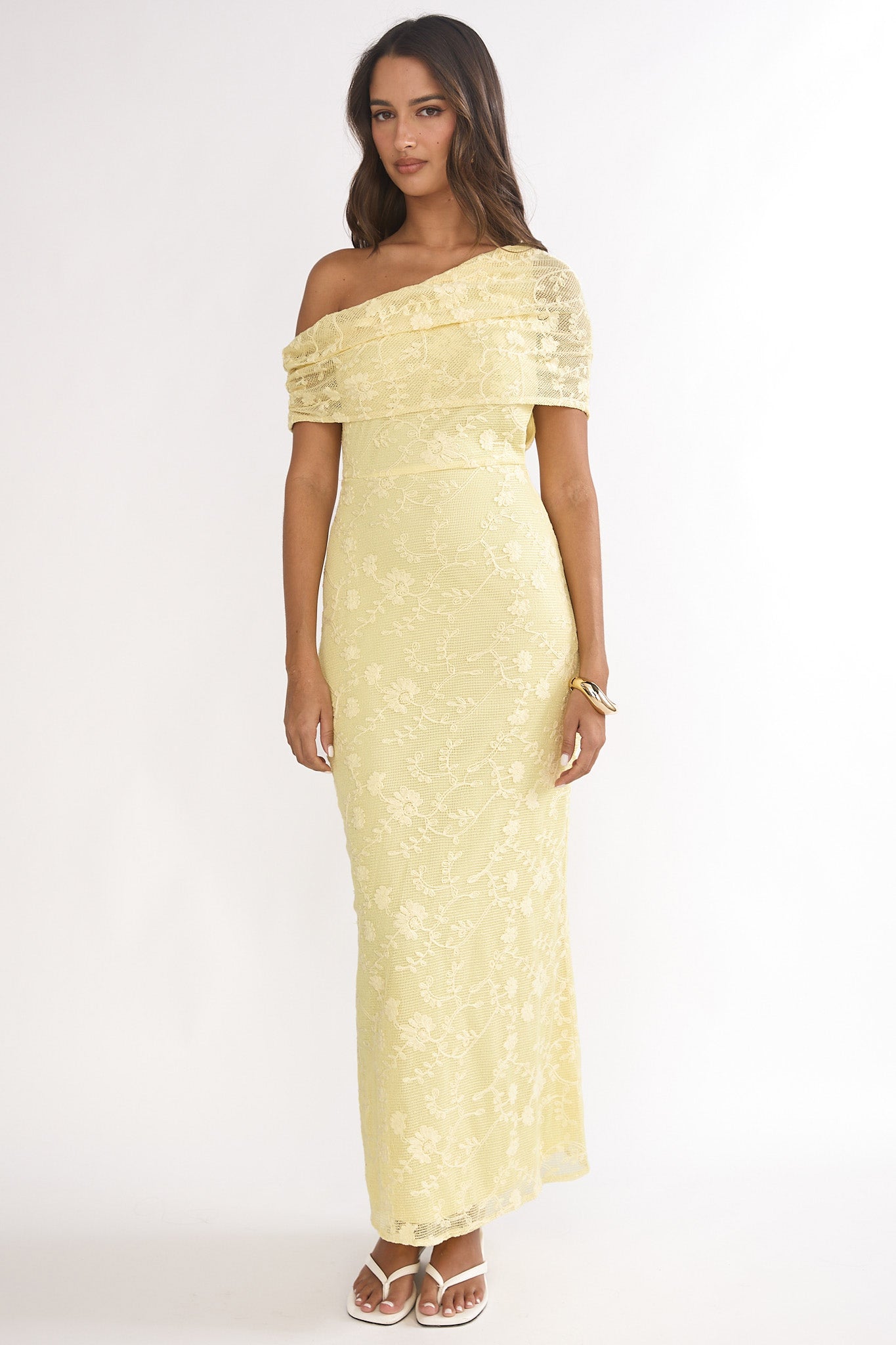 Elita Asymmetric Neckline Lace Maxi Dress Lemon - XS Elita Asymmetric Neckline Lace Maxi Dress Lemon - XS