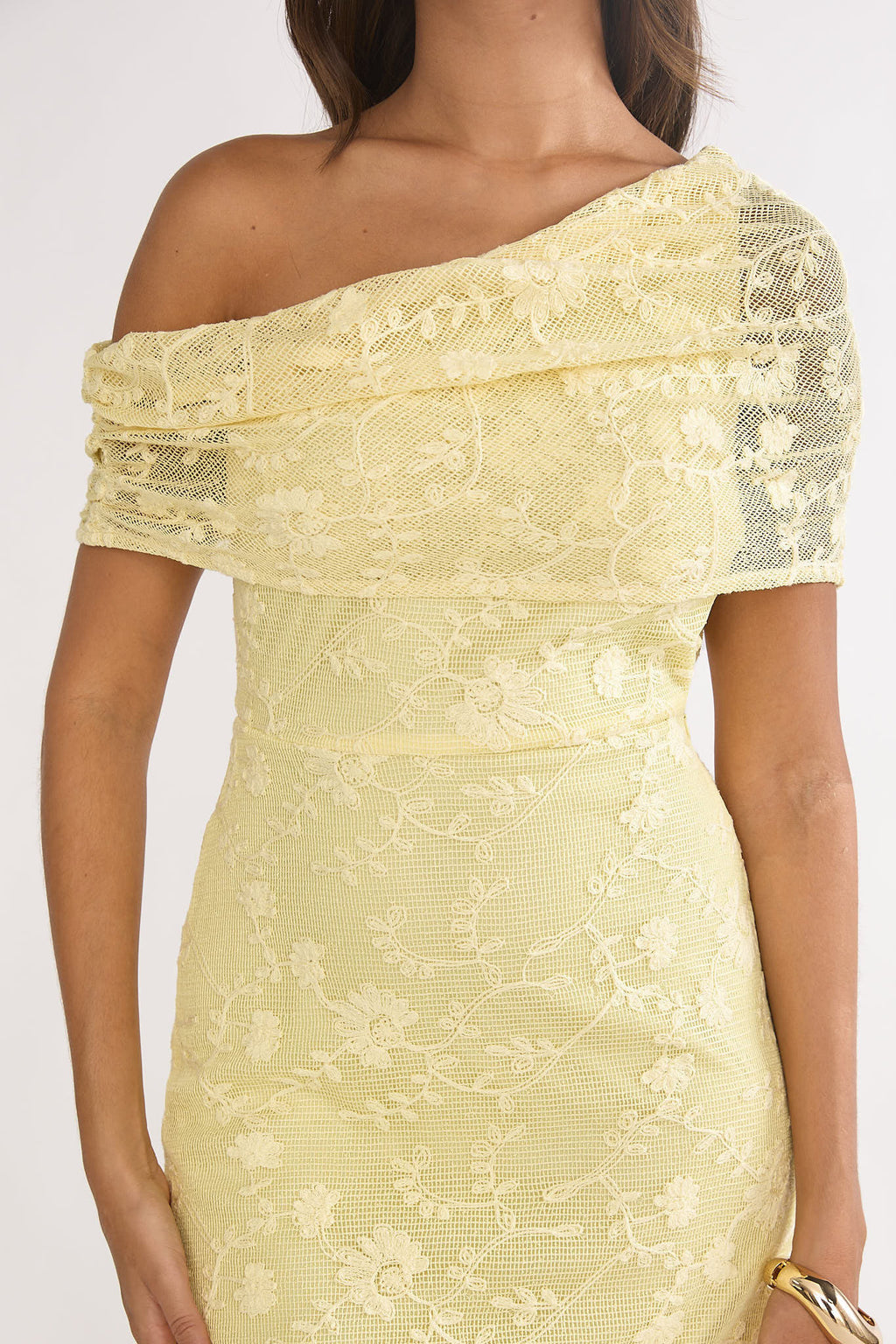 Elita Asymmetric Neckline Lace Maxi Dress Lemon