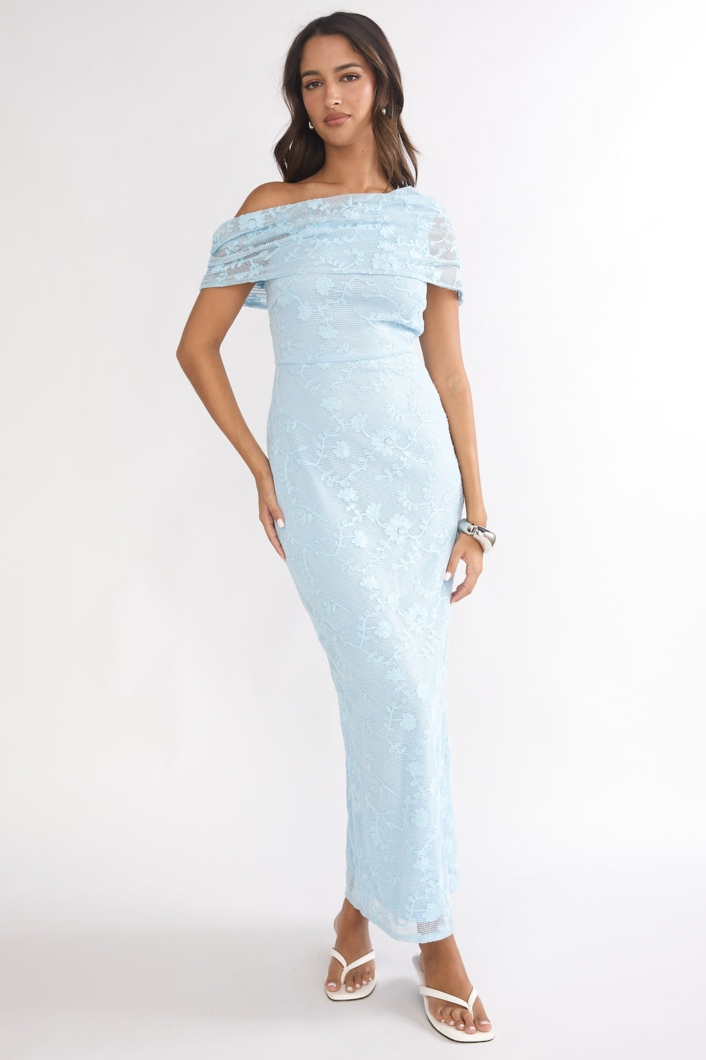 Elita Asymmetric Neckline Lace Maxi Dress Blue by Selfie Leslie