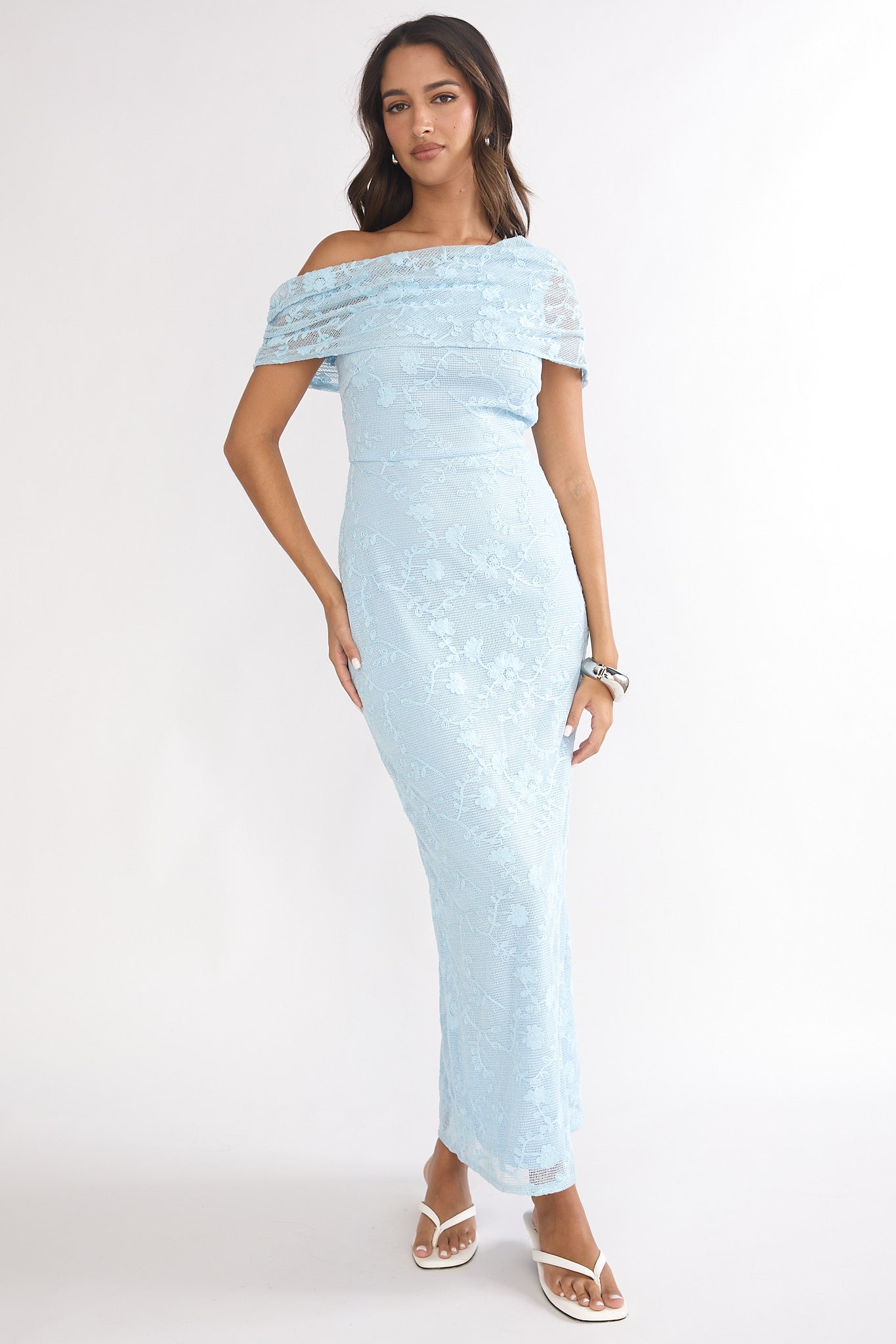 Elita Asymmetric Neckline Lace Maxi Dress Blue by Selfie Leslie