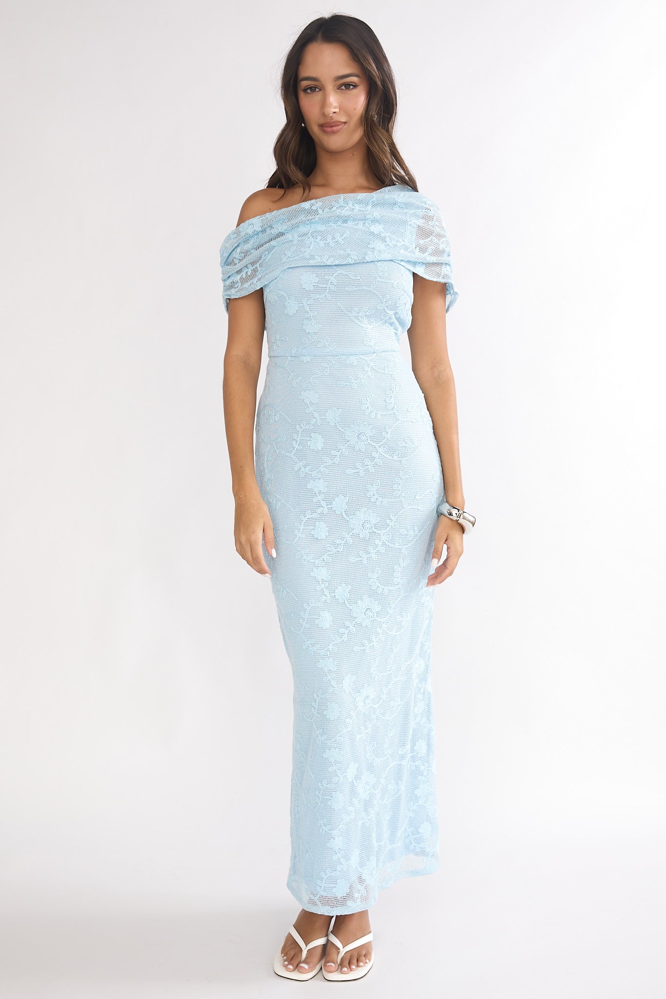 Elita Asymmetric Neckline Lace Maxi Dress Blue by Selfie Leslie