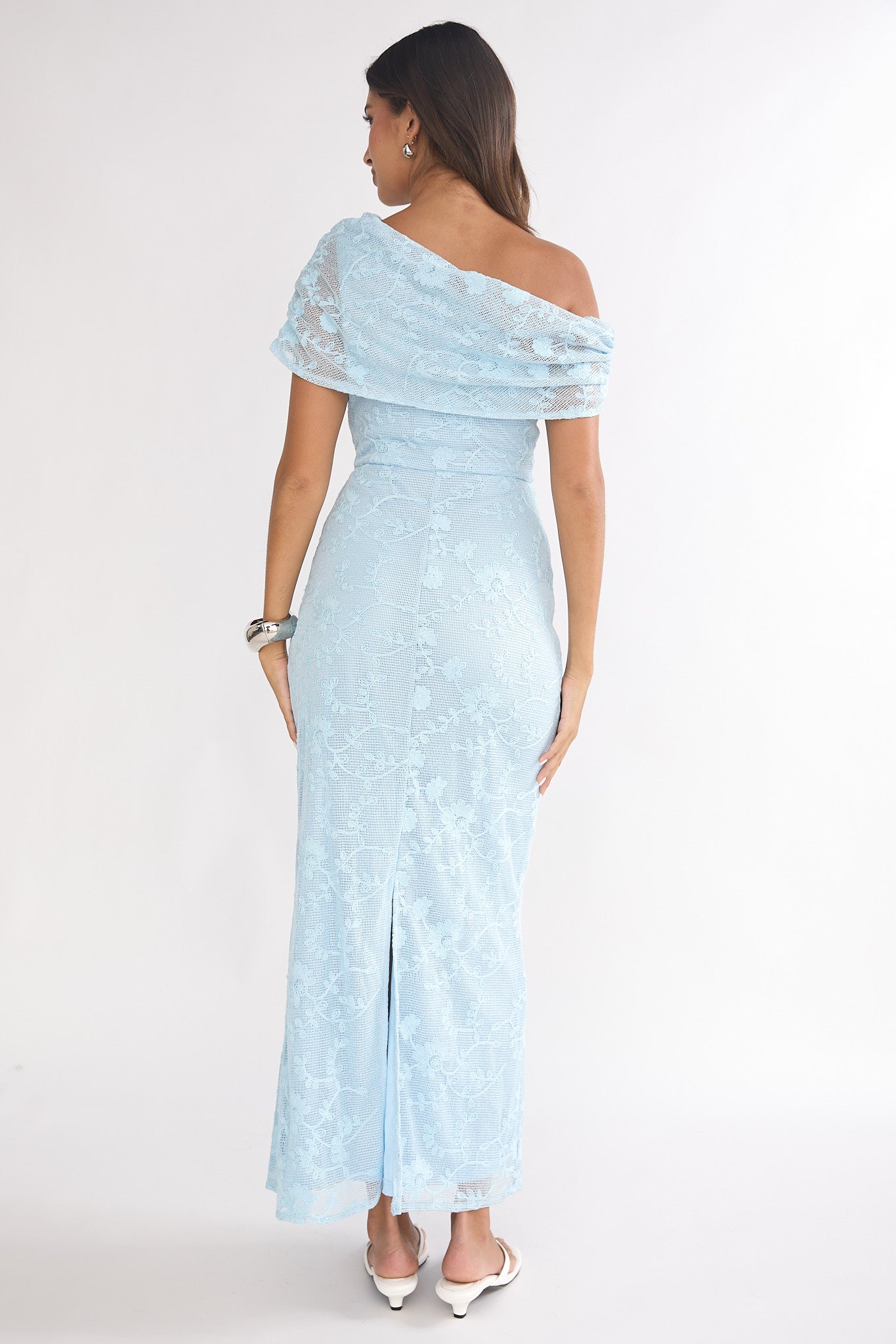 Elita Asymmetric Neckline Lace Maxi Dress Blue by Selfie Leslie
