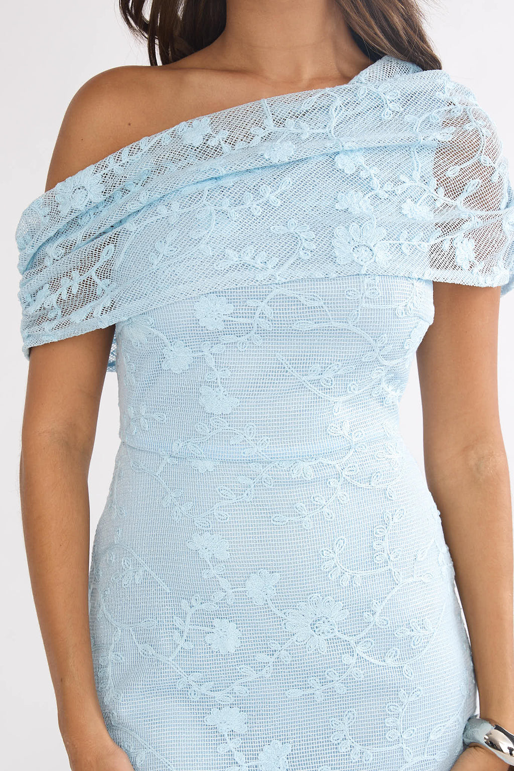 Elita Asymmetric Neckline Lace Maxi Dress Blue by Selfie Leslie