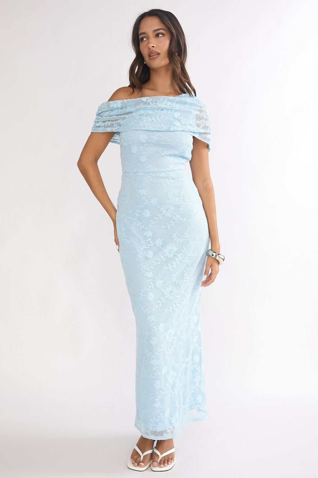 Elita Asymmetric Neckline Lace Maxi Dress Blue by Selfie Leslie