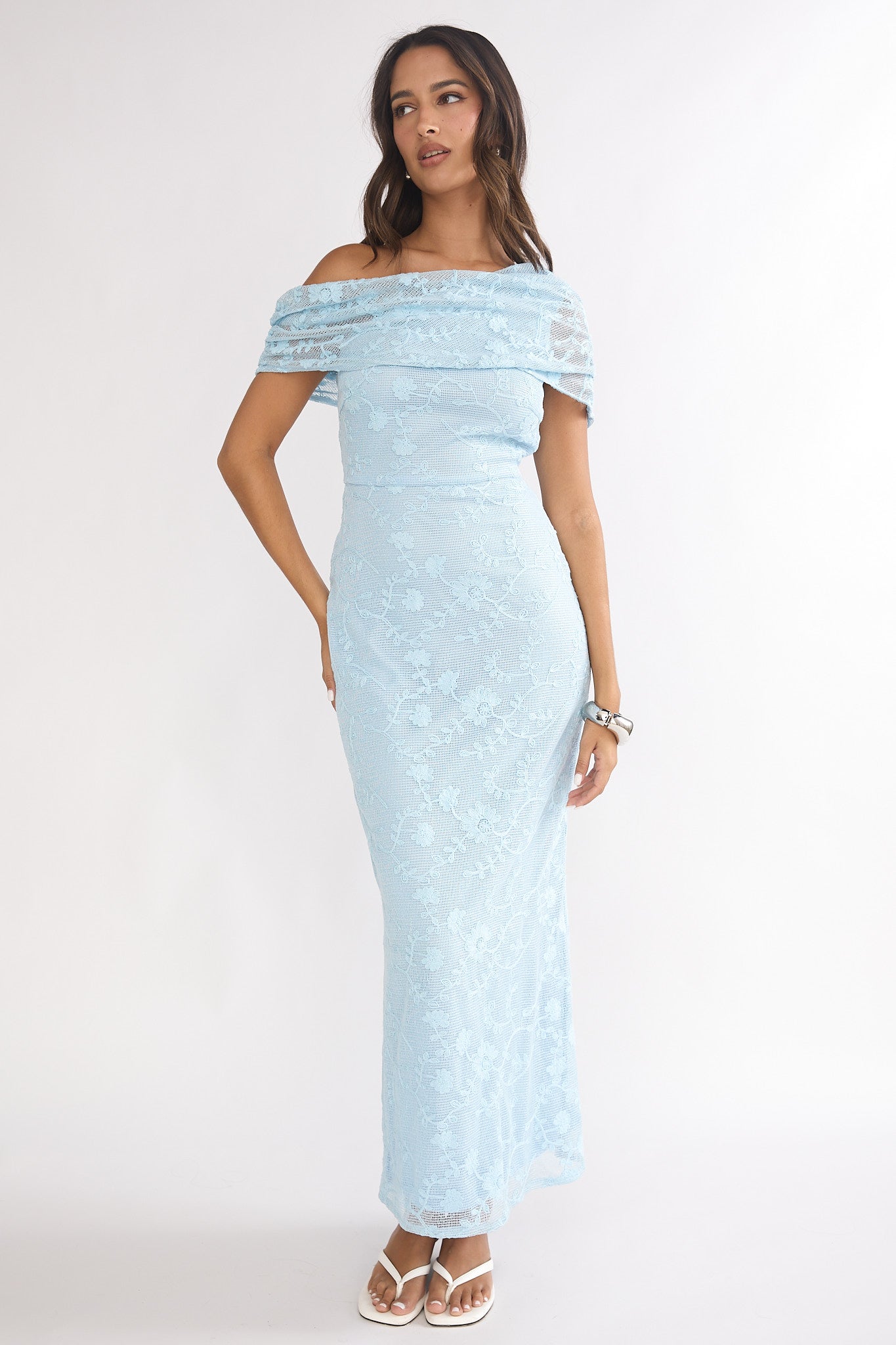 Elita Asymmetric Neckline Lace Maxi Dress Blue by Selfie Leslie