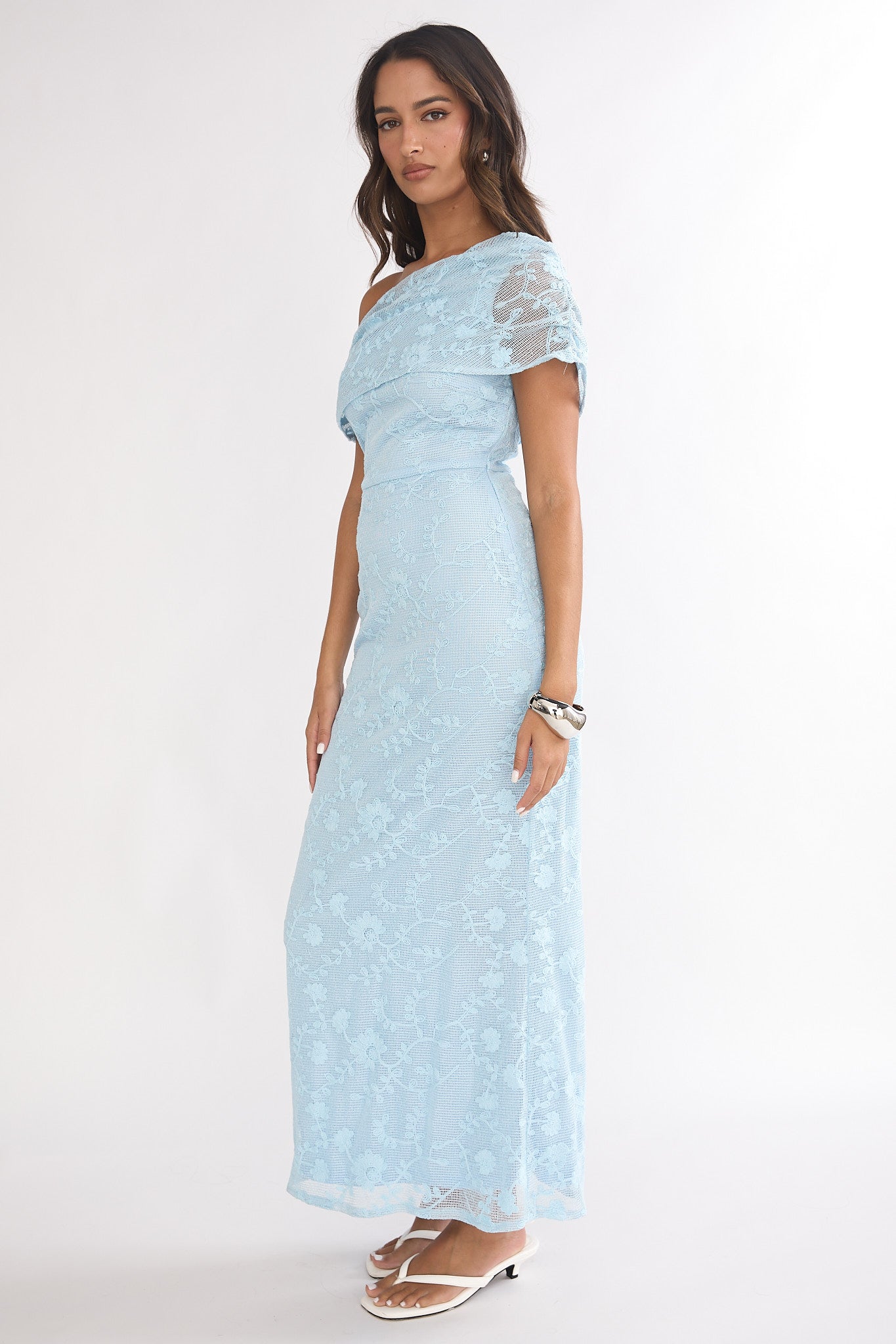 Elita Asymmetric Neckline Lace Maxi Dress Blue by Selfie Leslie