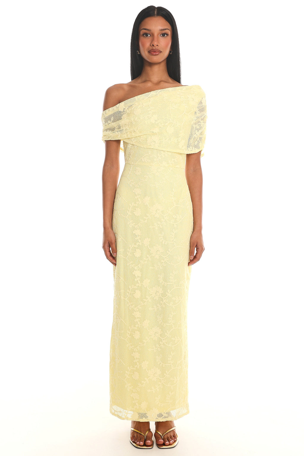 Elita Asymmetric Neckline Lace Maxi Dress Lemon by Selfie Leslie