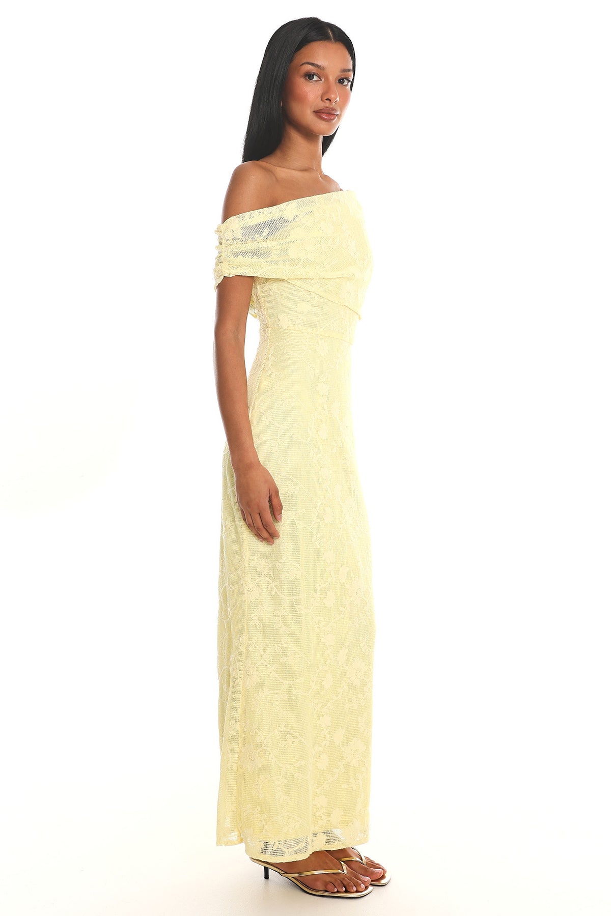 Elita Asymmetric Neckline Lace Maxi Dress Lemon by Selfie Leslie