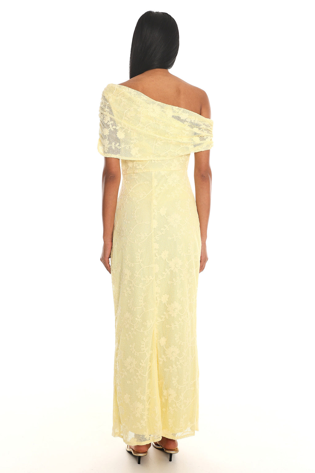 Elita Asymmetric Neckline Lace Maxi Dress Lemon by Selfie Leslie