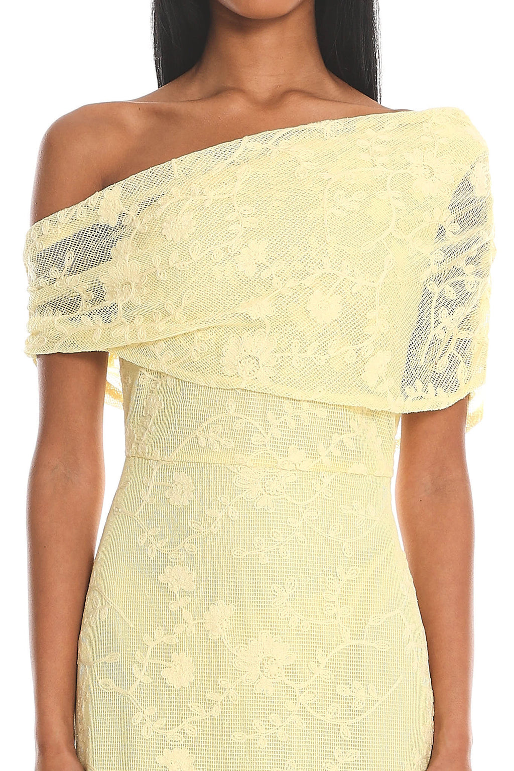 Elita Asymmetric Neckline Lace Maxi Dress Lemon by Selfie Leslie
