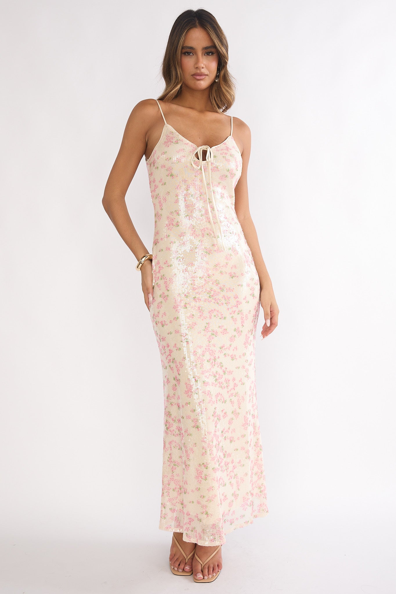 Marielle Bust Tie Sequin Maxi Dress Floral Pink Sage by Selfie Leslie