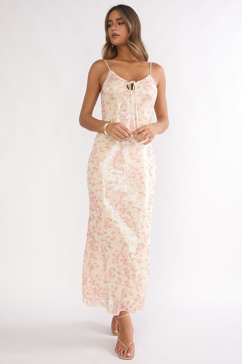 Marielle Bust Tie Sequin Maxi Dress Floral Pink Sage by Selfie Leslie