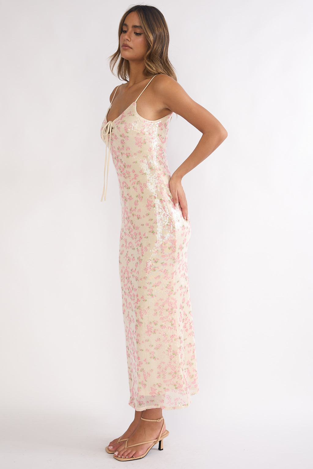 Marielle Bust Tie Sequin Maxi Dress Floral Pink Sage by Selfie Leslie