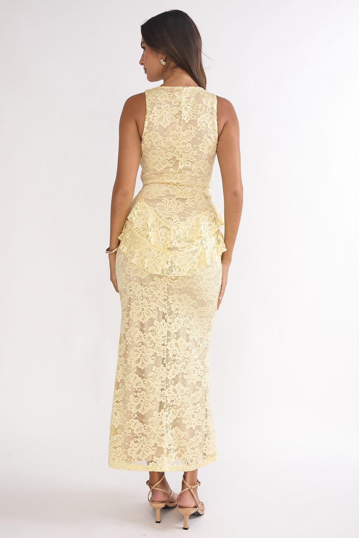 yellow lace maxi dress Serenella Peplum Lace Maxi Dress Butter