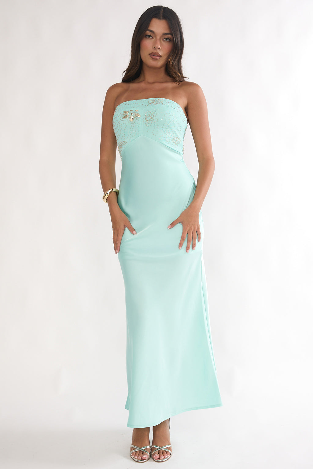 ellie maxi dress in dusk blue At Dusk Beaded Bust Strapless Maxi Dress Blue