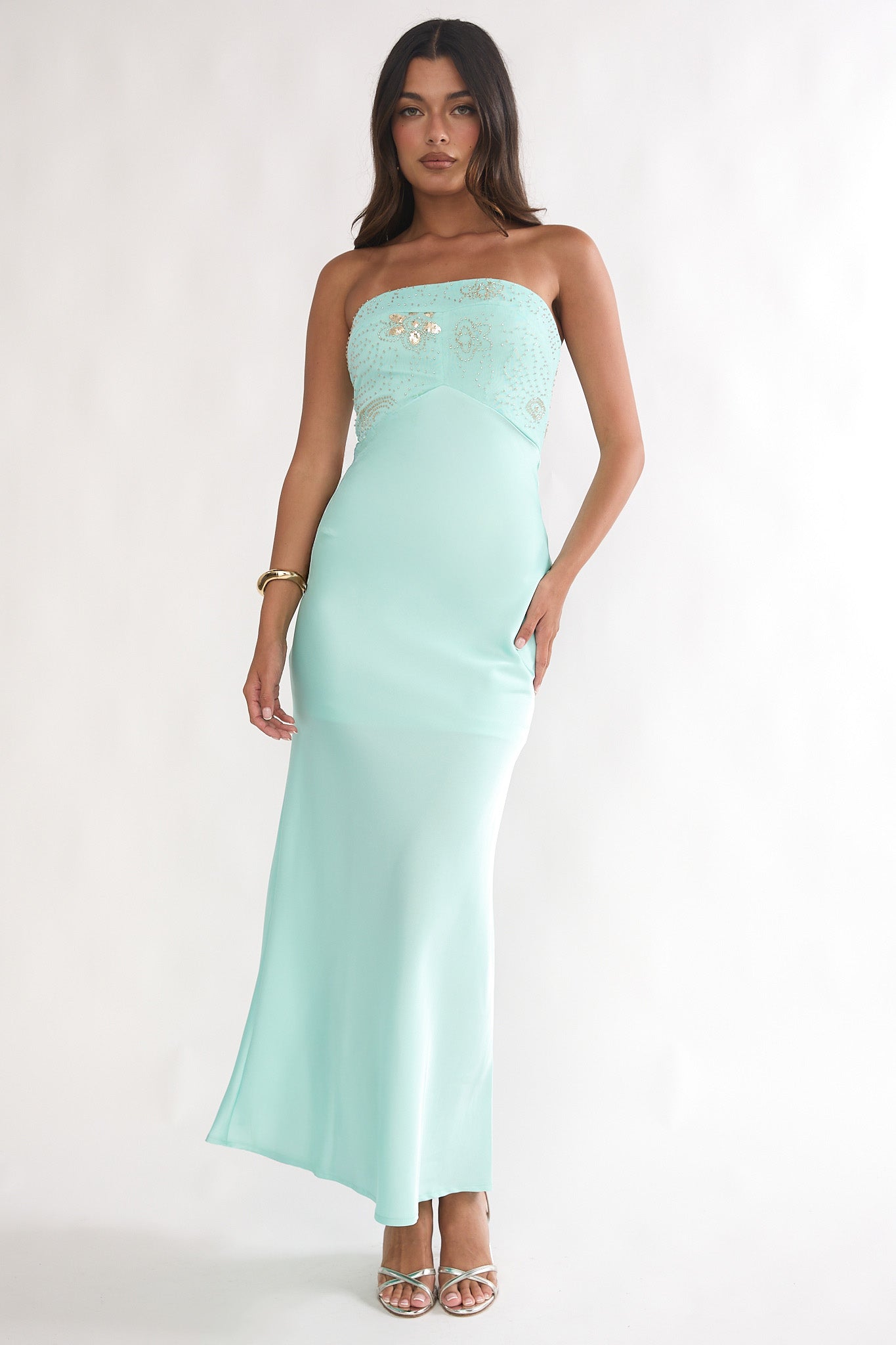 At Dusk Beaded Bust Strapless Maxi Dress Blue - M At Dusk Beaded Bust Strapless Maxi Dress Blue - M