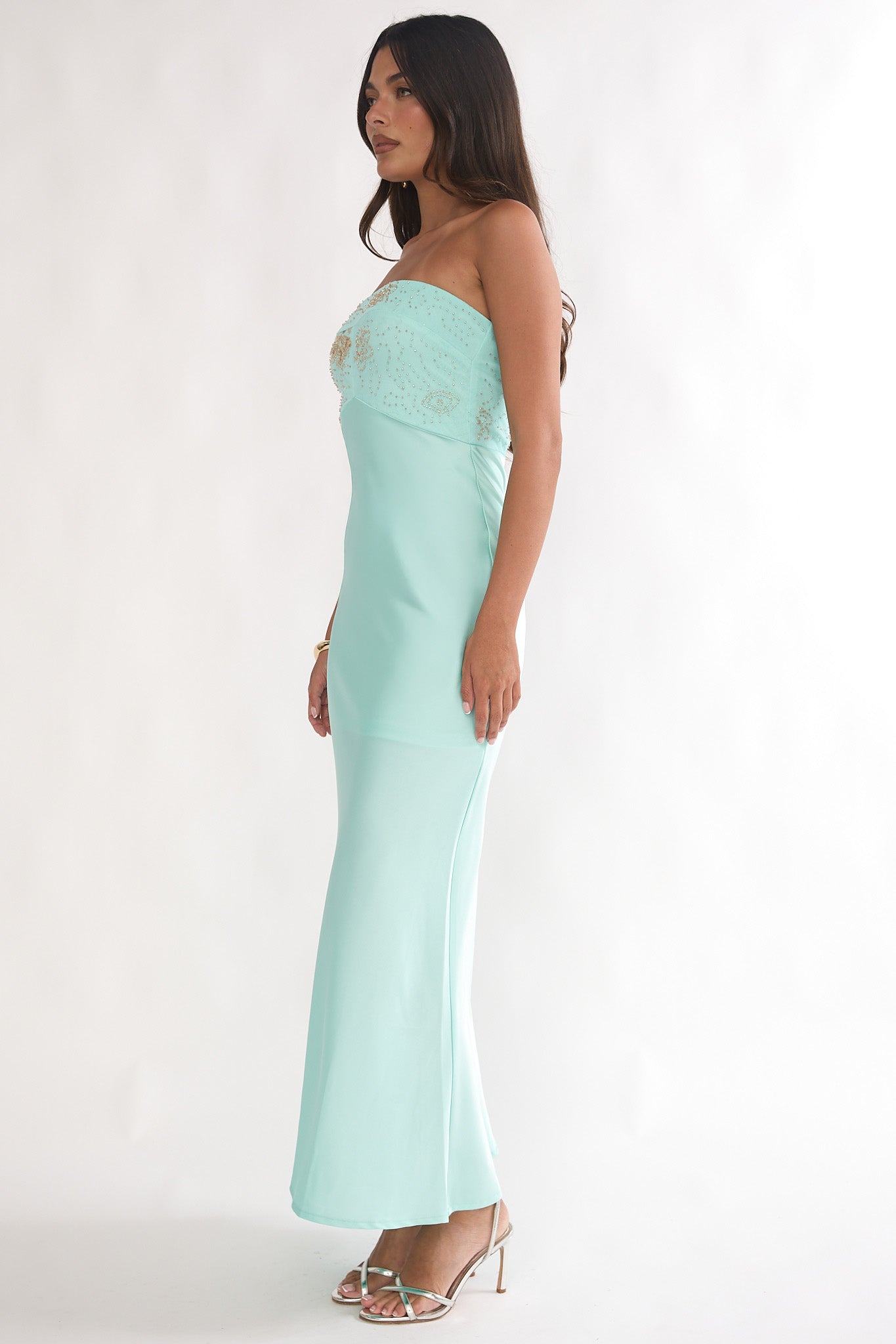 At Dusk Beaded Bust Strapless Maxi Dress Blue by Selfie Leslie