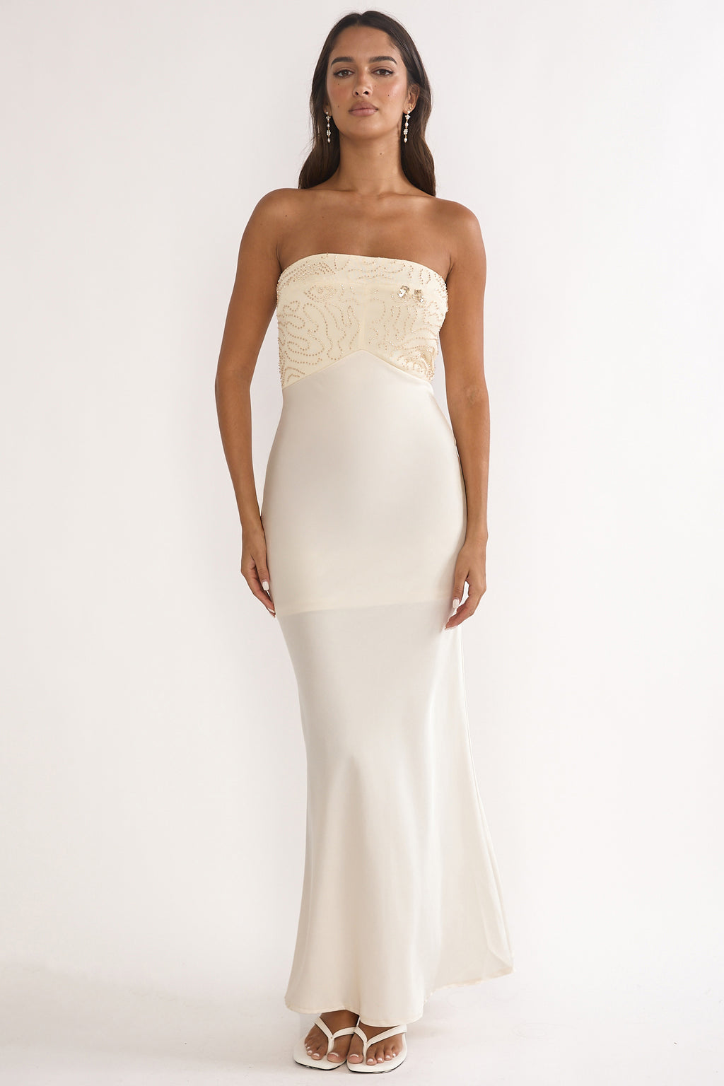 At Dusk Beaded Bust Strapless Maxi Dress Oyster by Selfie Leslie