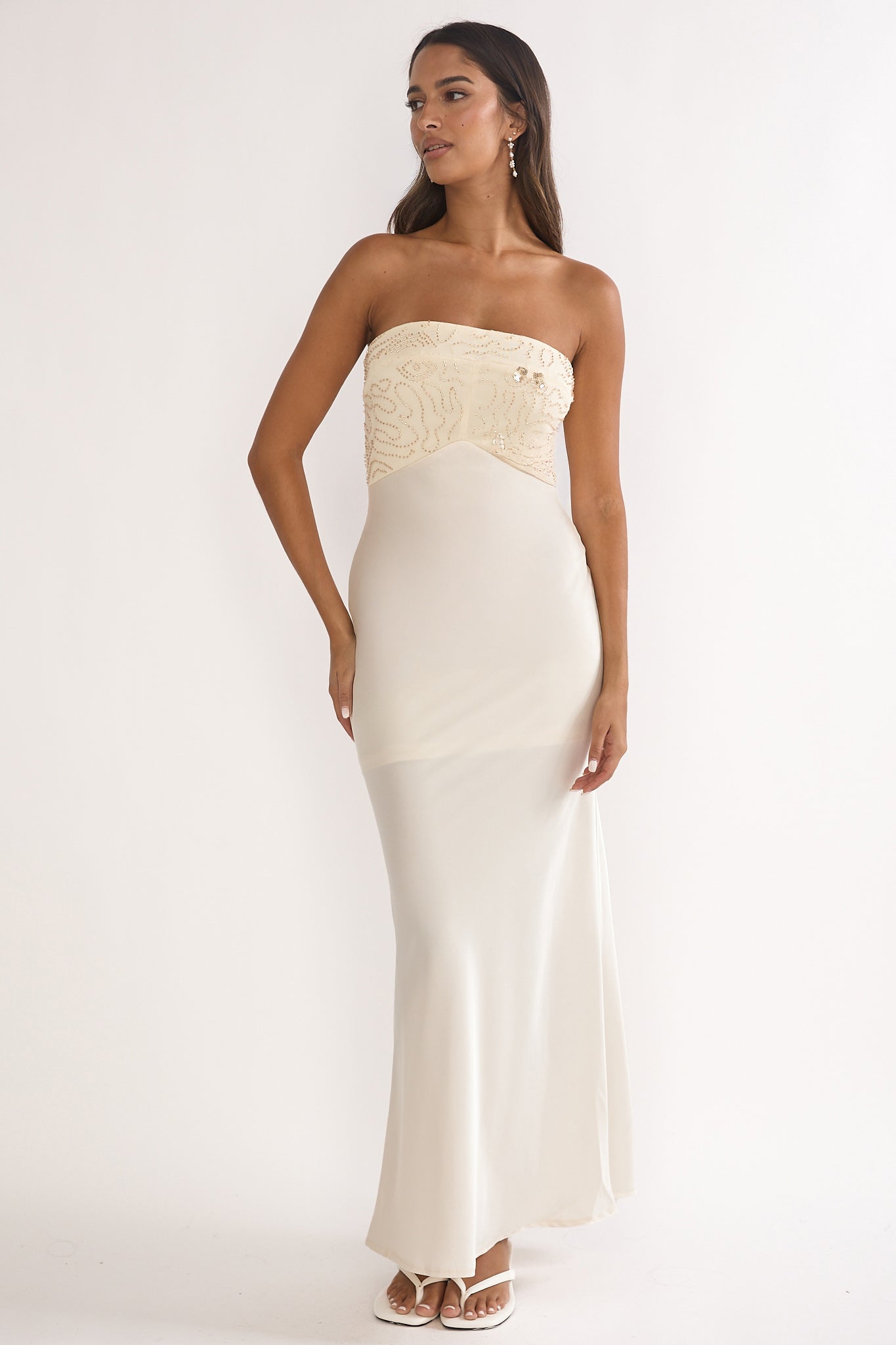 At Dusk Beaded Bust Strapless Maxi Dress Oyster by Selfie Leslie