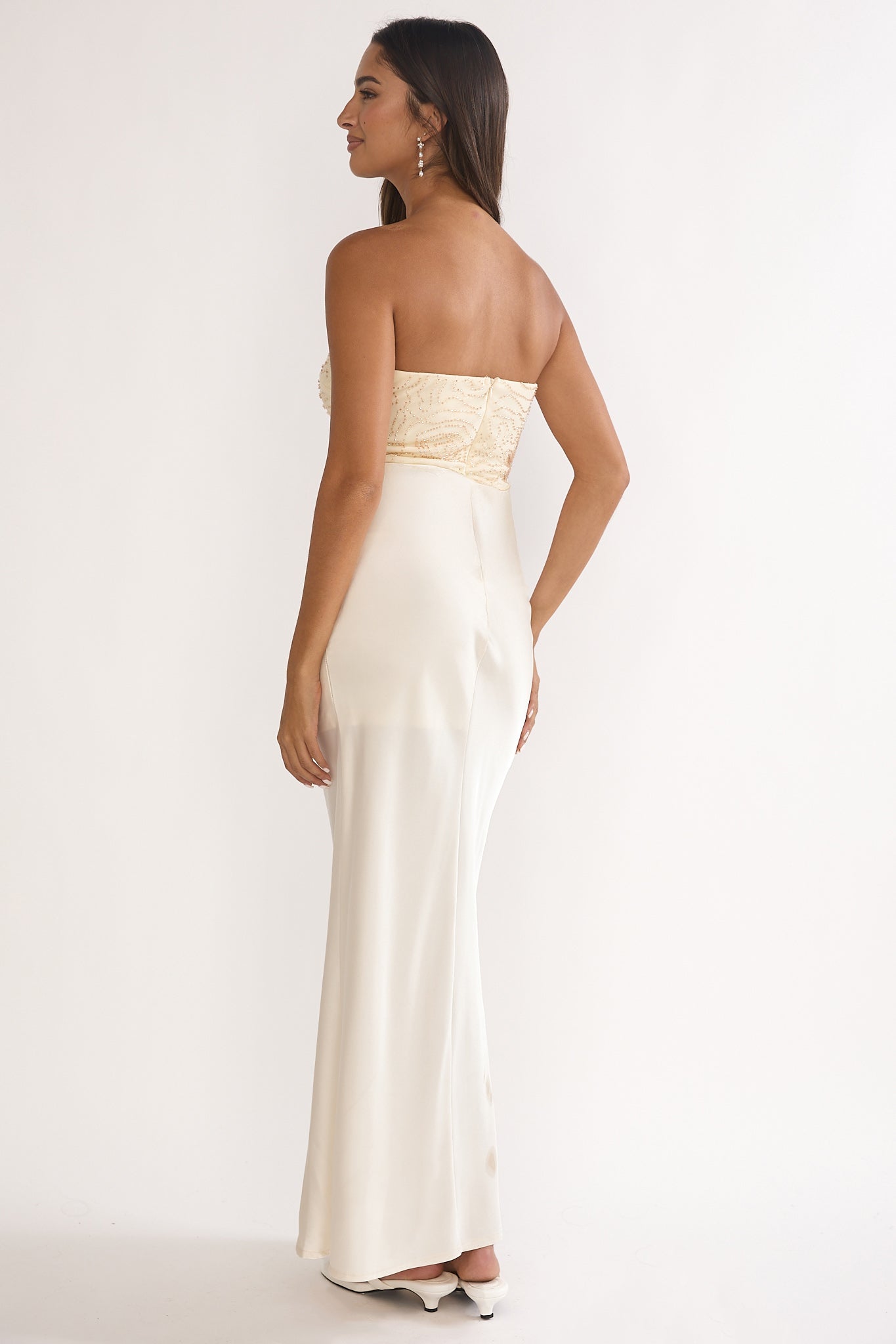 maxi beaded dress At Dusk Beaded Bust Strapless Maxi Dress Oyster