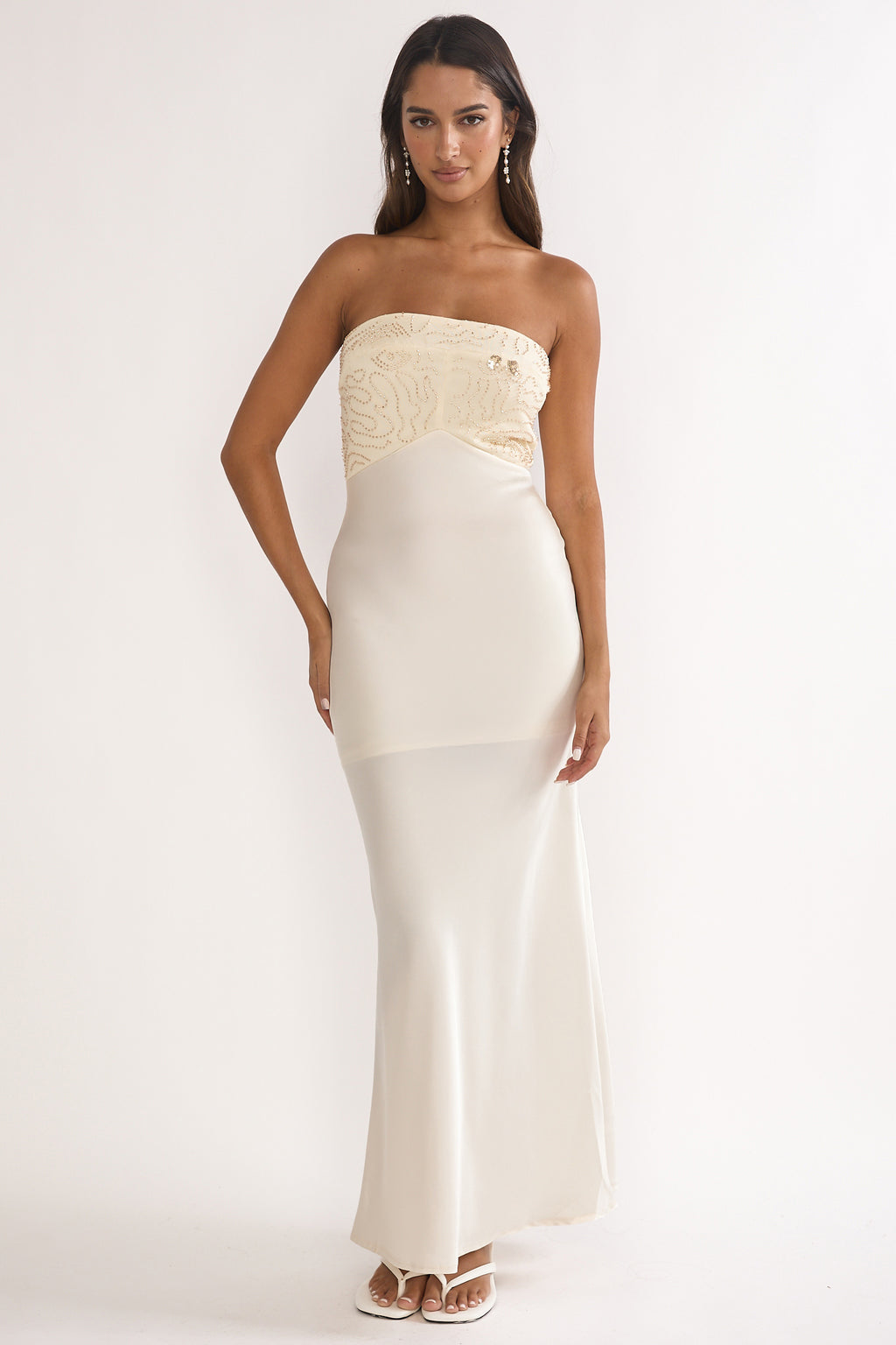 At Dusk Beaded Bust Strapless Maxi Dress Oyster by Selfie Leslie