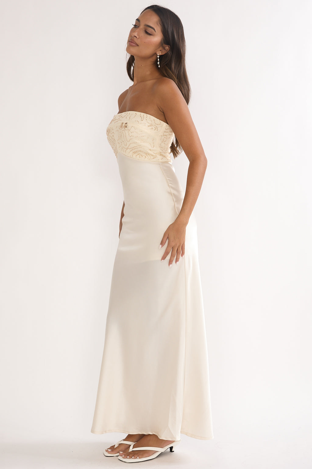 At Dusk Beaded Bust Strapless Maxi Dress Oyster by Selfie Leslie