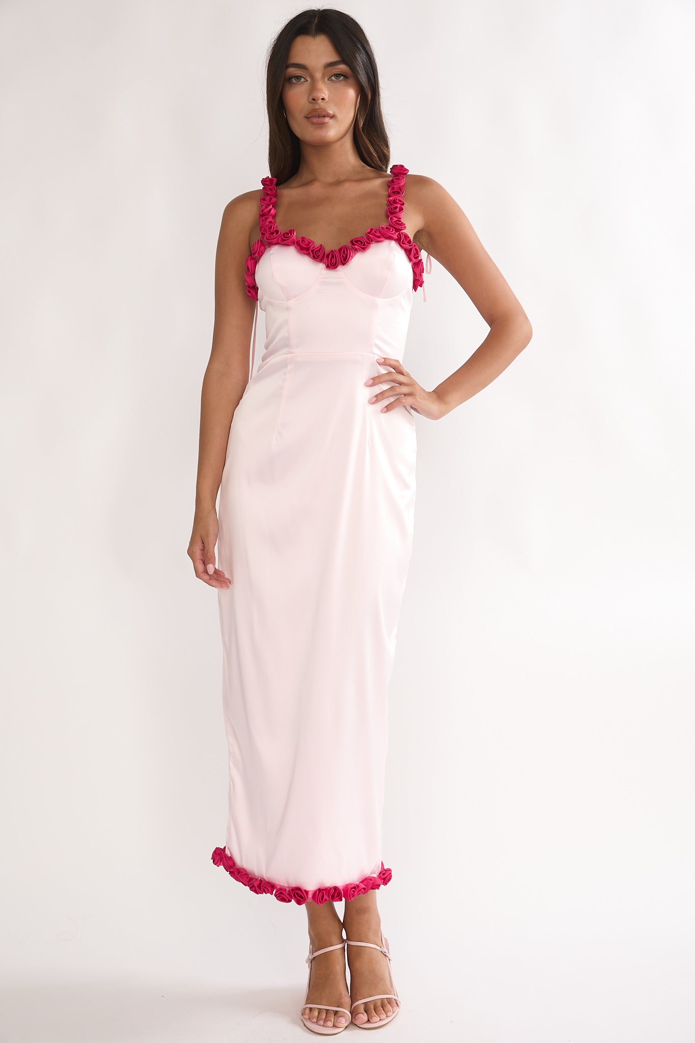 Delyse Rosette Trim Maxi Dress Pink | Selfie Leslie