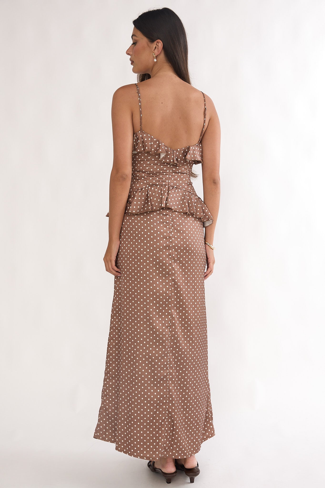 Tahlie Ruffle Trim Maxi Dress Polka Dot Mocha