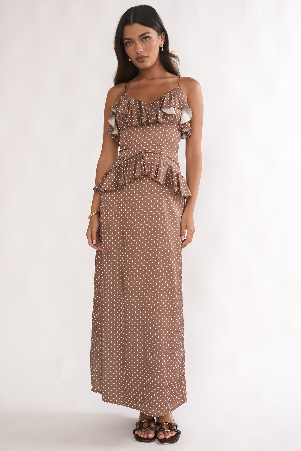Tahlie Ruffle Trim Maxi Dress Polka Dot Mocha