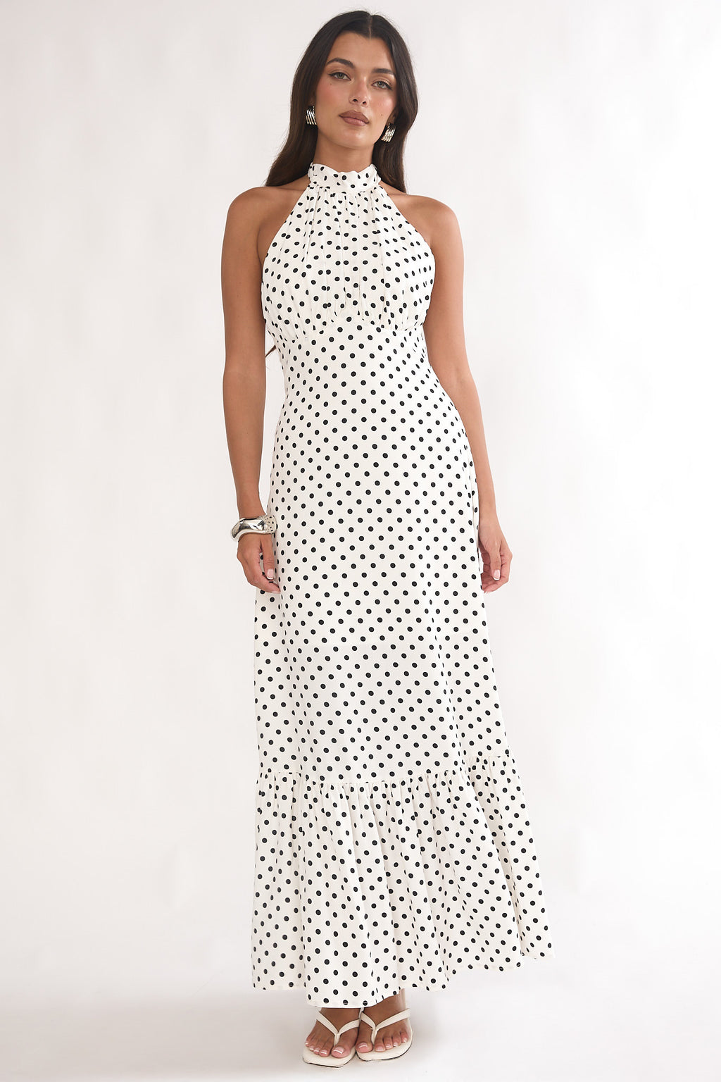 Romana High Neck Halter Maxi Dress Polka Dot White - M Romana High Neck Halter Maxi Dress Polka Dot White - M