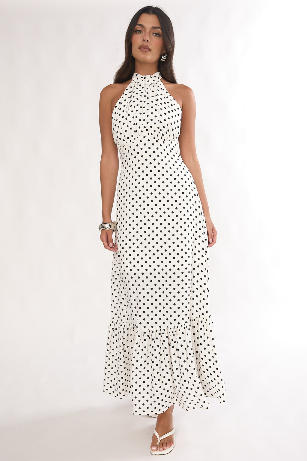 Romana High Neck Halter Maxi Dress Polka Dot White - M Romana High Neck Halter Maxi Dress Polka Dot White - M