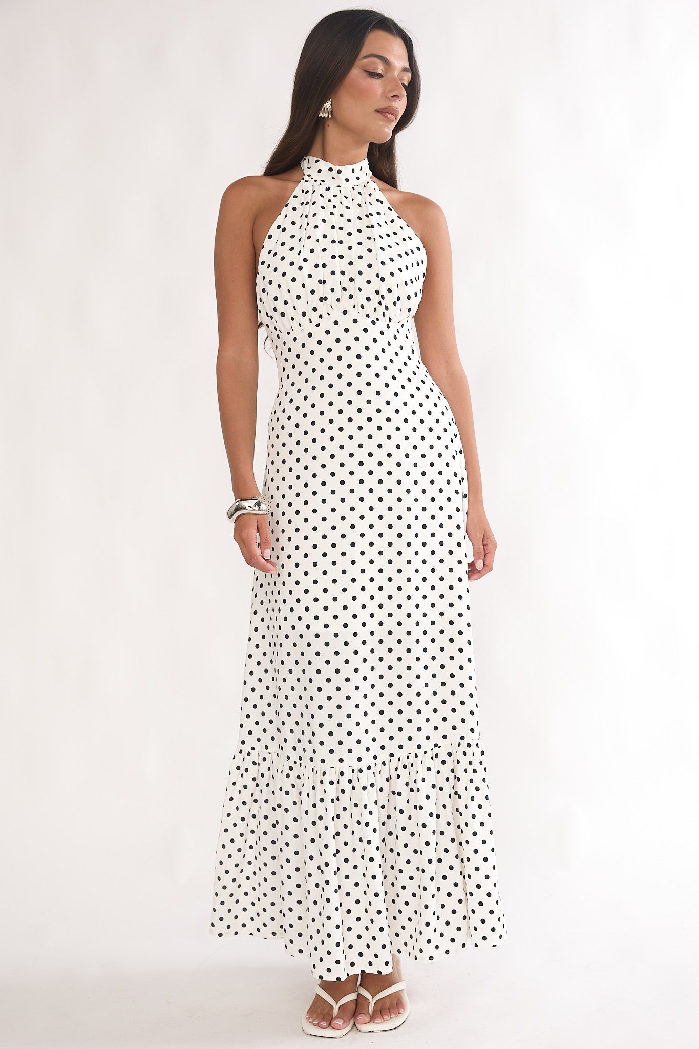 Romana High Neck Halter Maxi Dress Polka Dot White - M Romana High Neck Halter Maxi Dress Polka Dot White - M