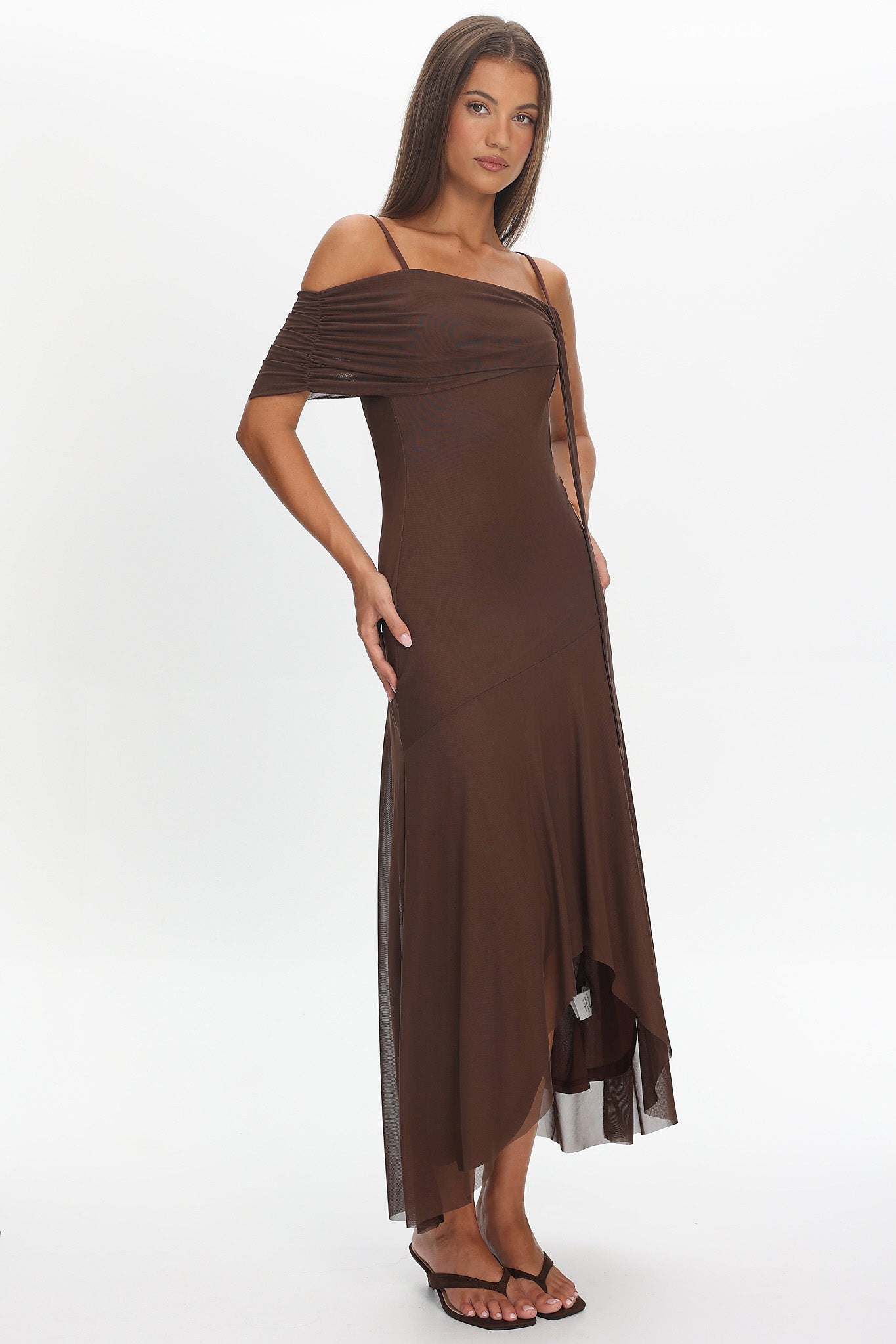 Millitah Asymmetric Hem Mesh Maxi Dress Chocolate by Selfie Leslie