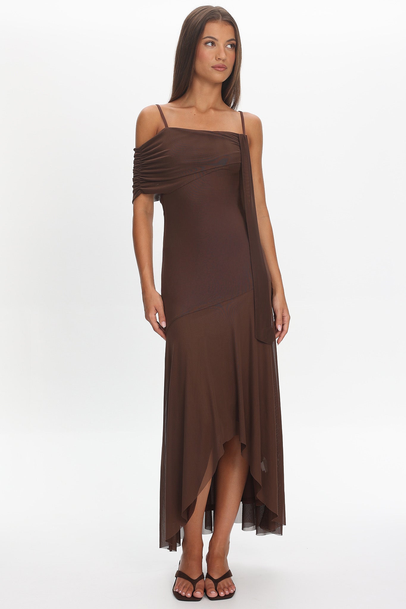 Millitah Asymmetric Hem Mesh Maxi Dress Chocolate by Selfie Leslie
