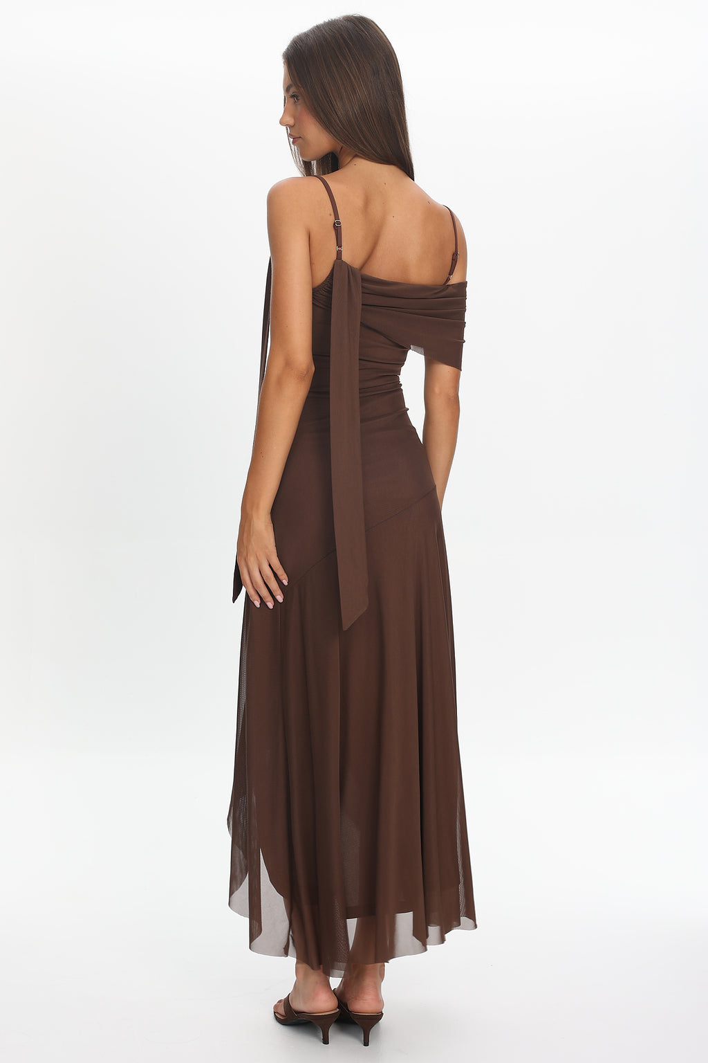 Millitah Asymmetric Hem Mesh Maxi Dress Chocolate by Selfie Leslie