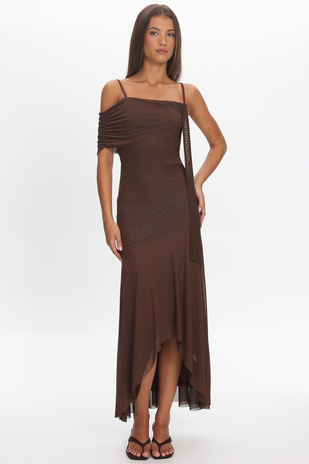 Millitah Asymmetric Hem Mesh Maxi Dress Chocolate by Selfie Leslie