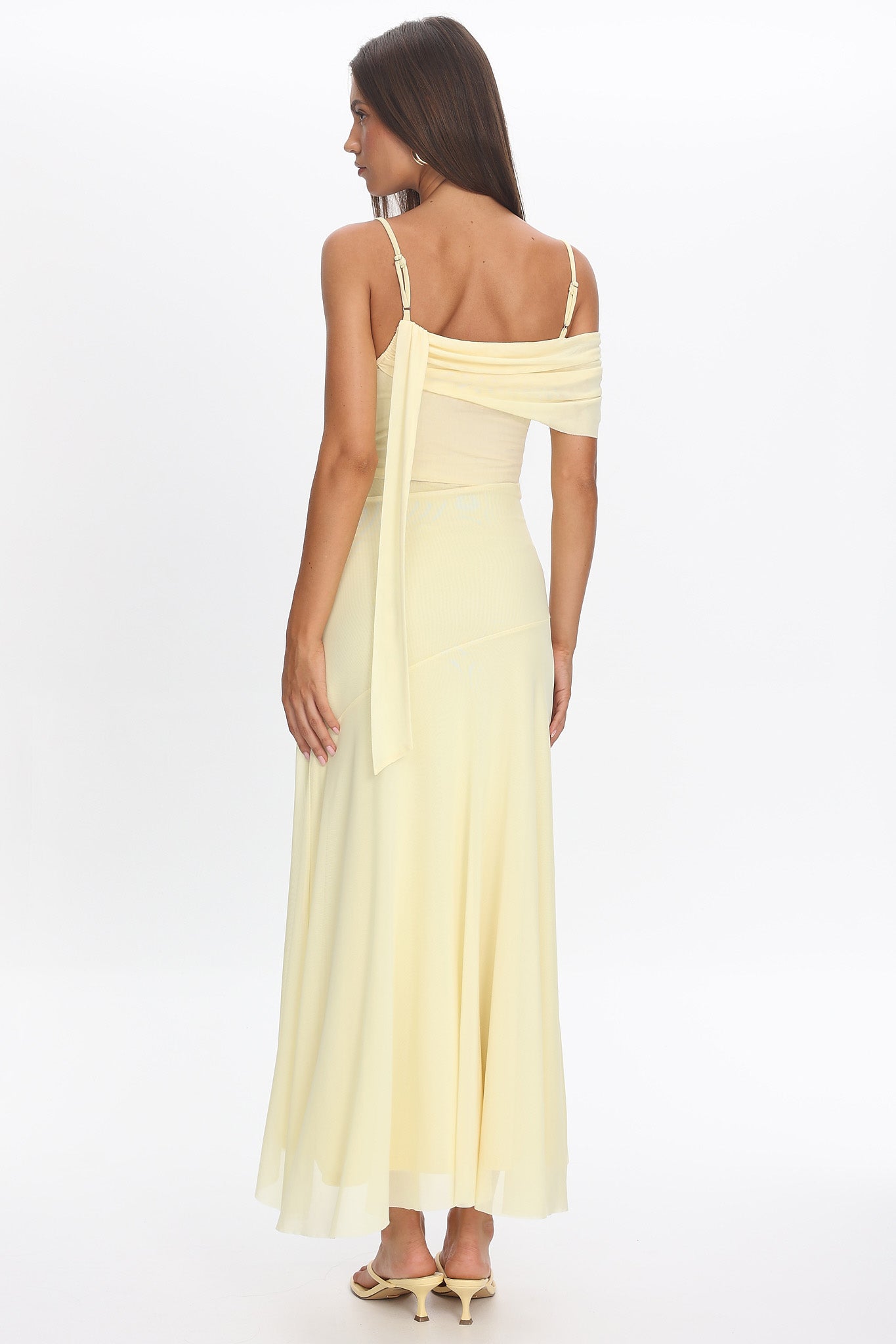 mari lou asym maxi dress Millitah Asymmetric Hem Mesh Maxi Dress Butter