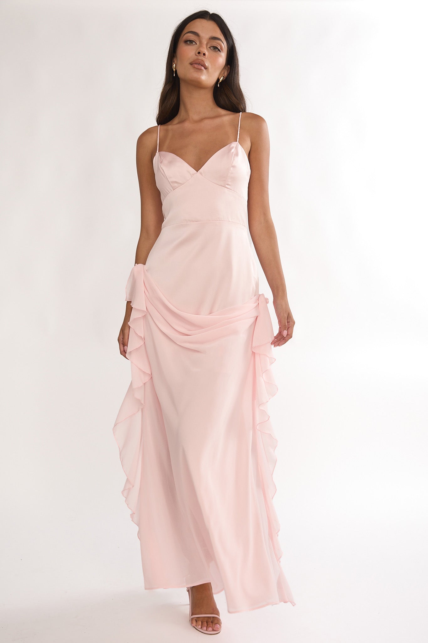 drape maxi dress Rivena Rosette Chiffon Pink Season: WINTER Plunge Cut Out Side Pay With:1950 Qs (Silkroll Fee: $48.75) 94% Polyester 6% Spandex