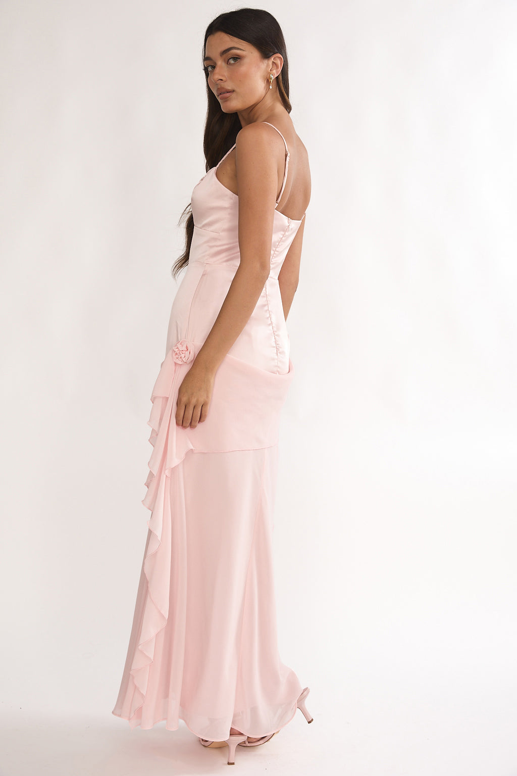 Rivena Rosette Chiffon Drape Maxi Dress Pink