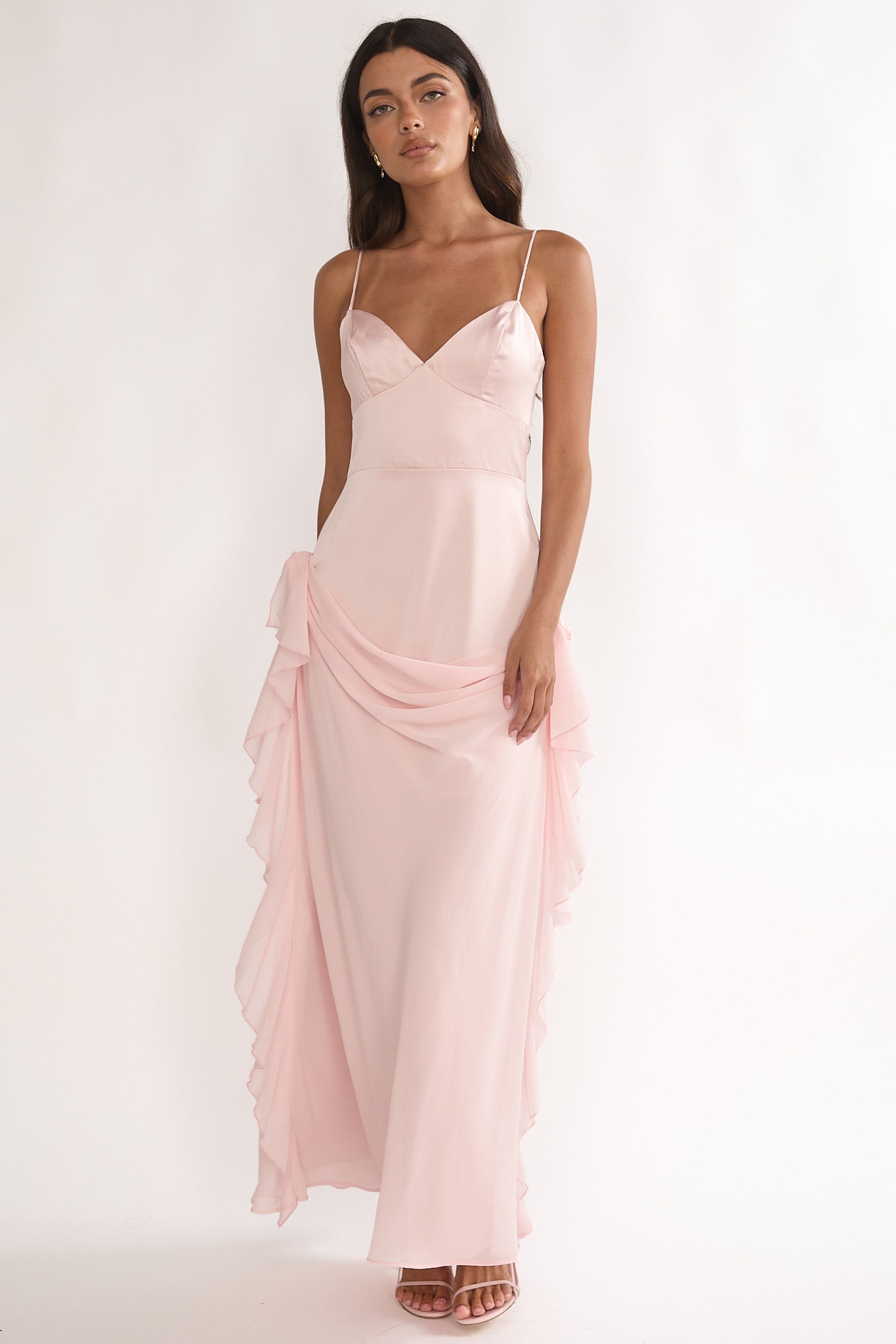 Rivena Rosette Chiffon Drape Maxi Dress Pink | Selfie Leslie