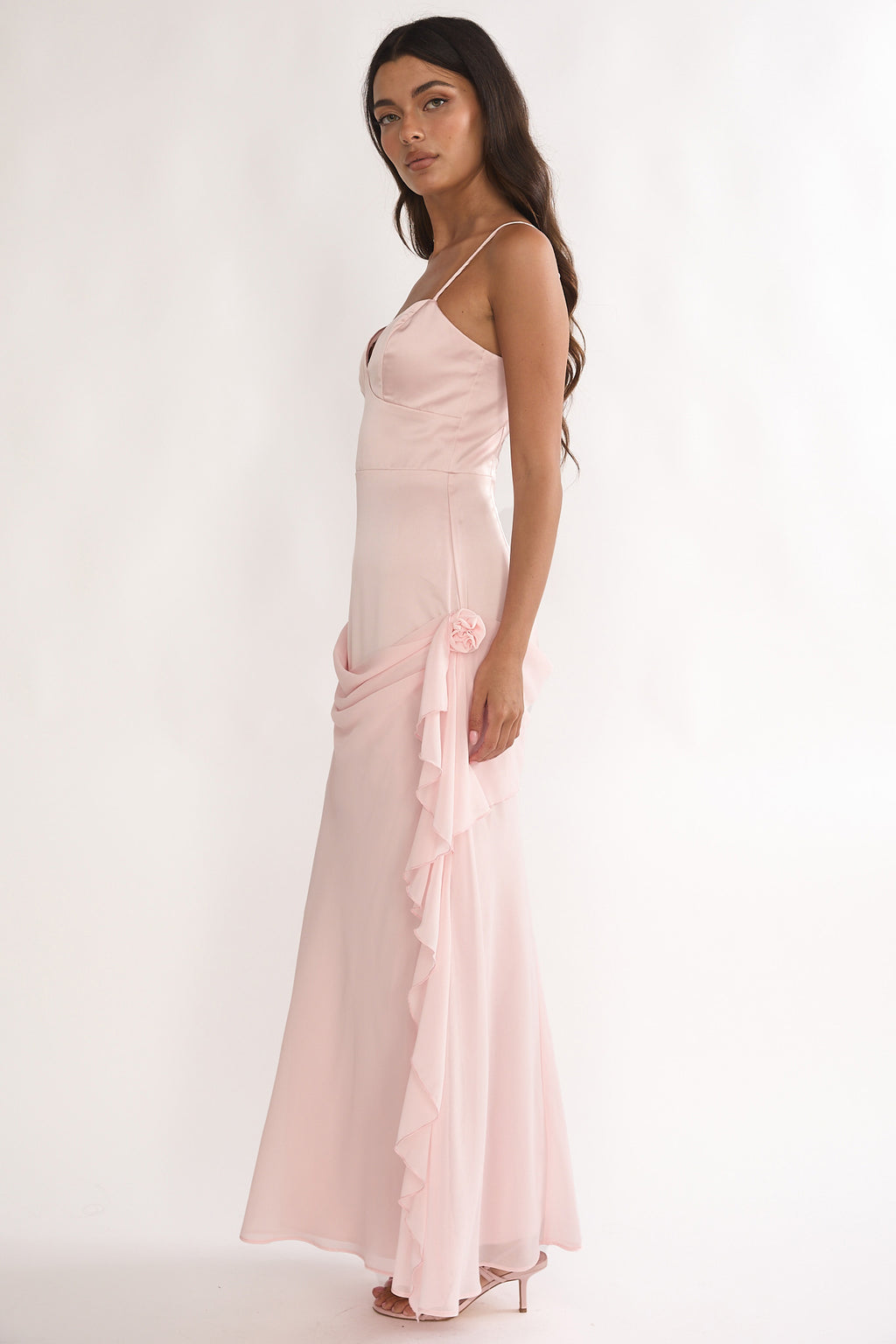 Rivena Rosette Chiffon Drape Maxi Dress Pink