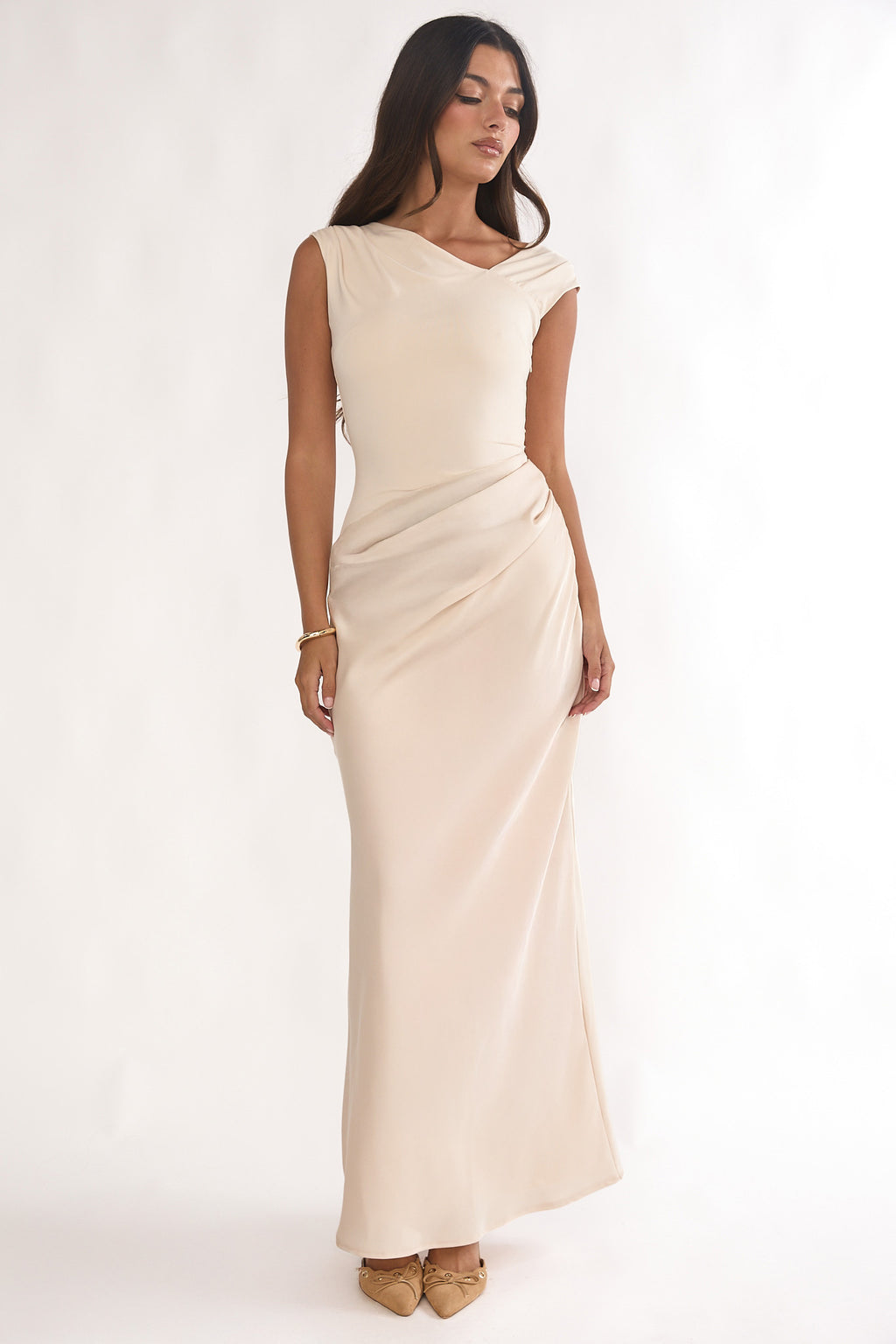 Brinelle Side Pleat Maxi Dress Ecru by Selfie Leslie