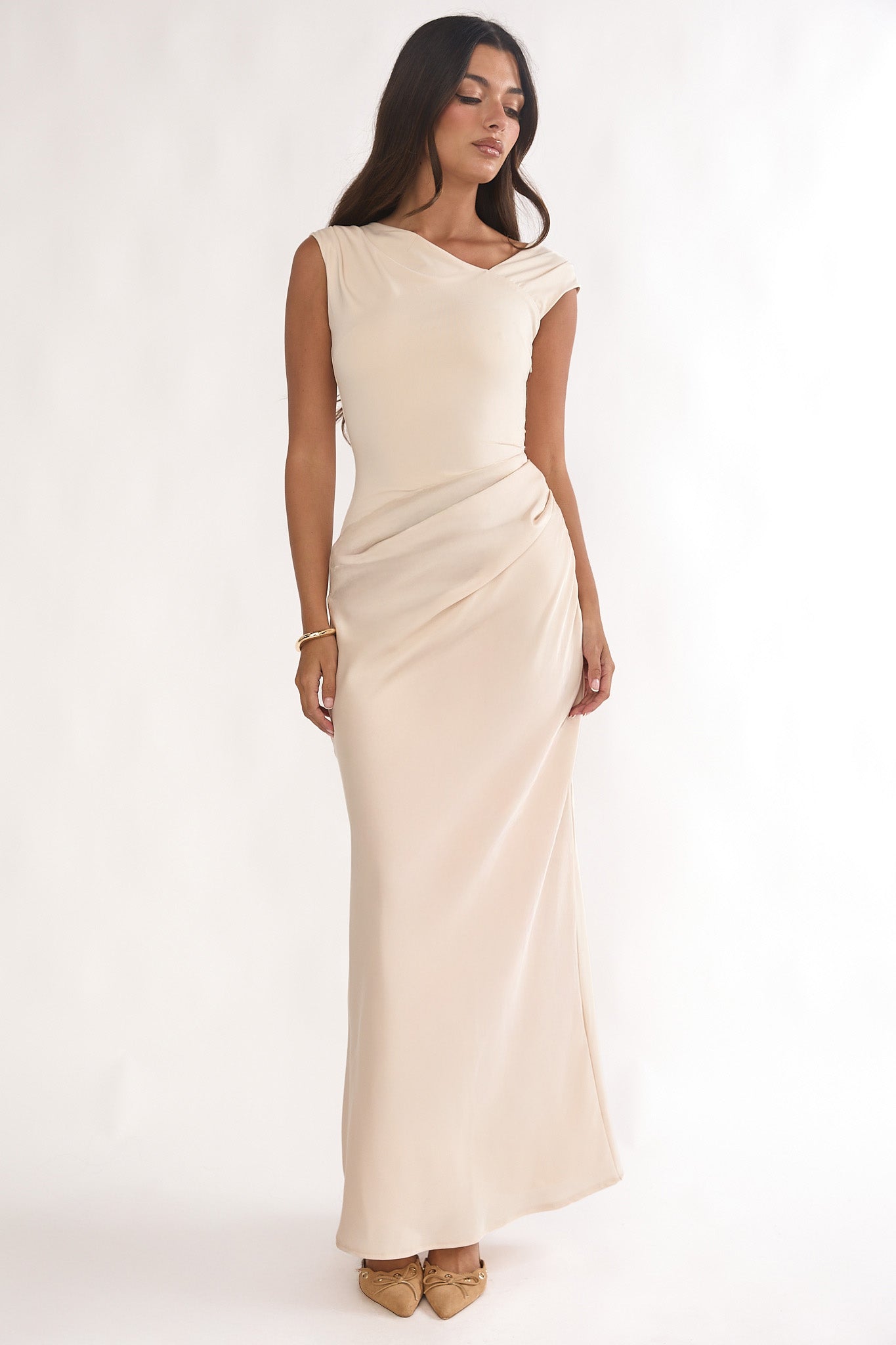 Brinelle Side Pleat Maxi Dress Ecru by Selfie Leslie