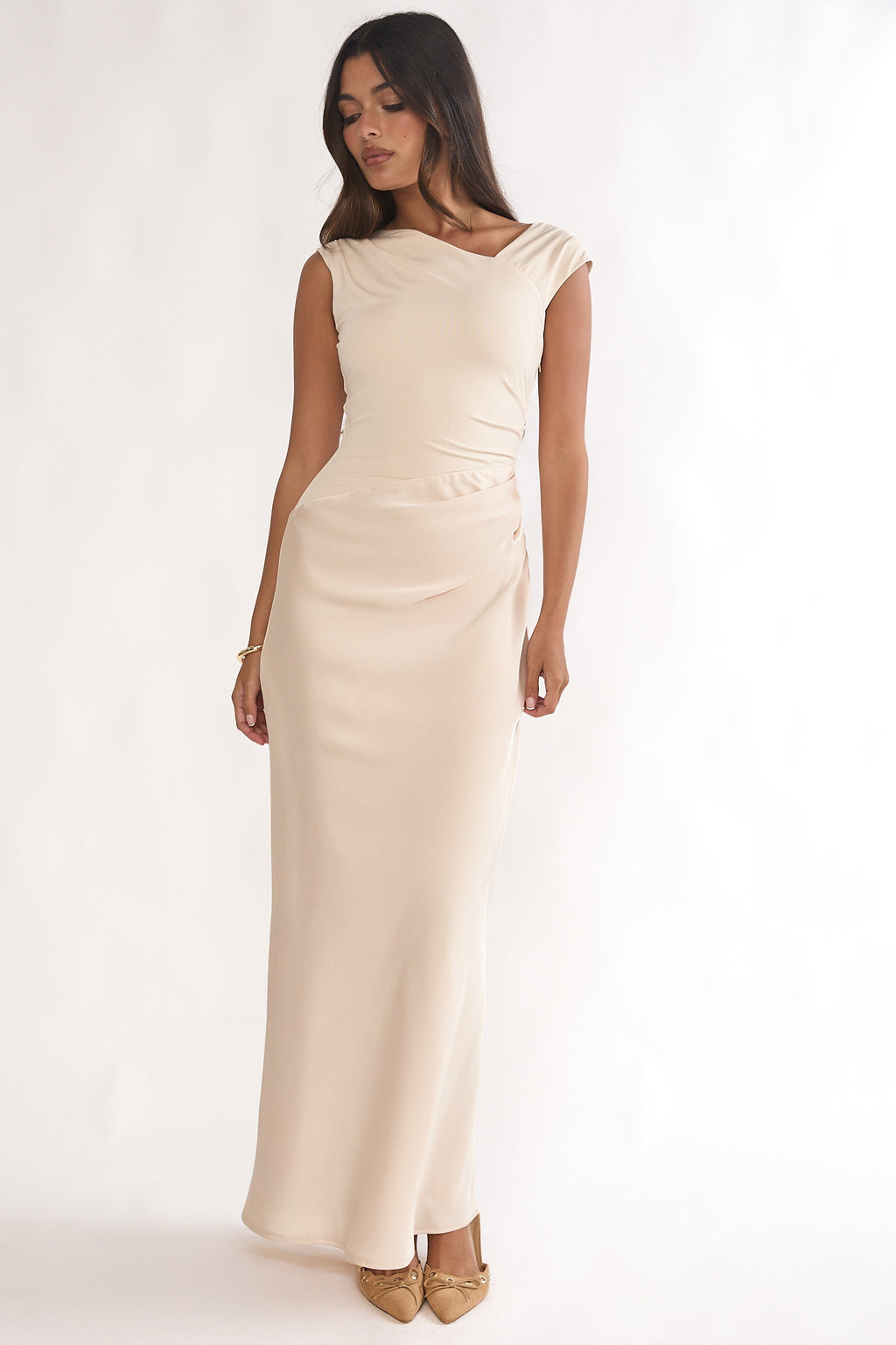 Brinelle Side Pleat Maxi Dress Ecru by Selfie Leslie