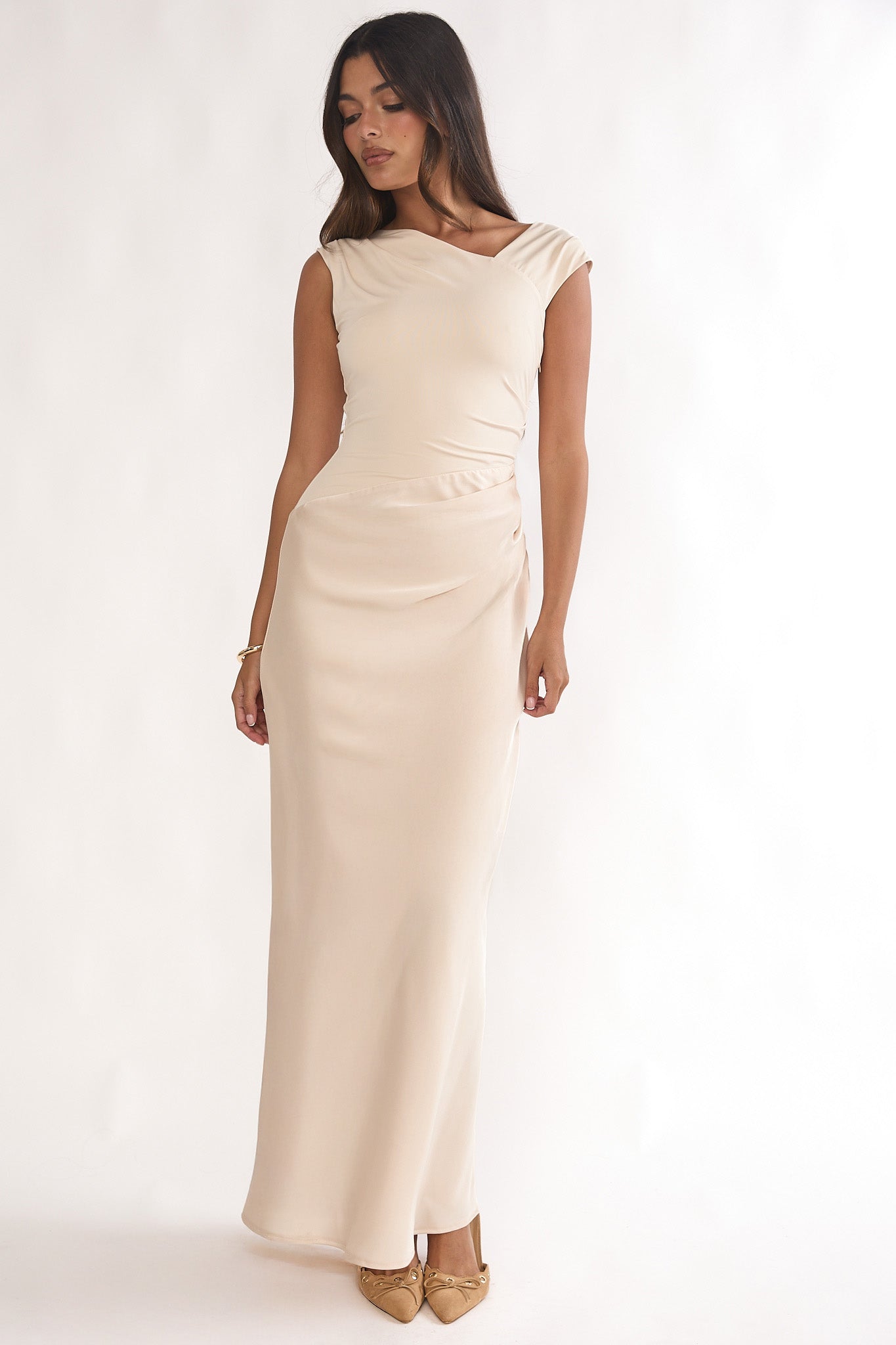 Brinelle Side Pleat Maxi Dress Ecru by Selfie Leslie