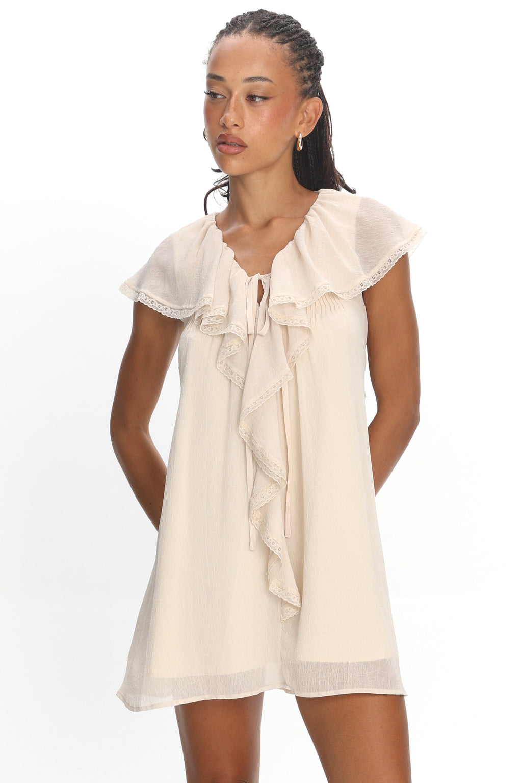 Zeeta Frill Neckline Mini Dress Off White