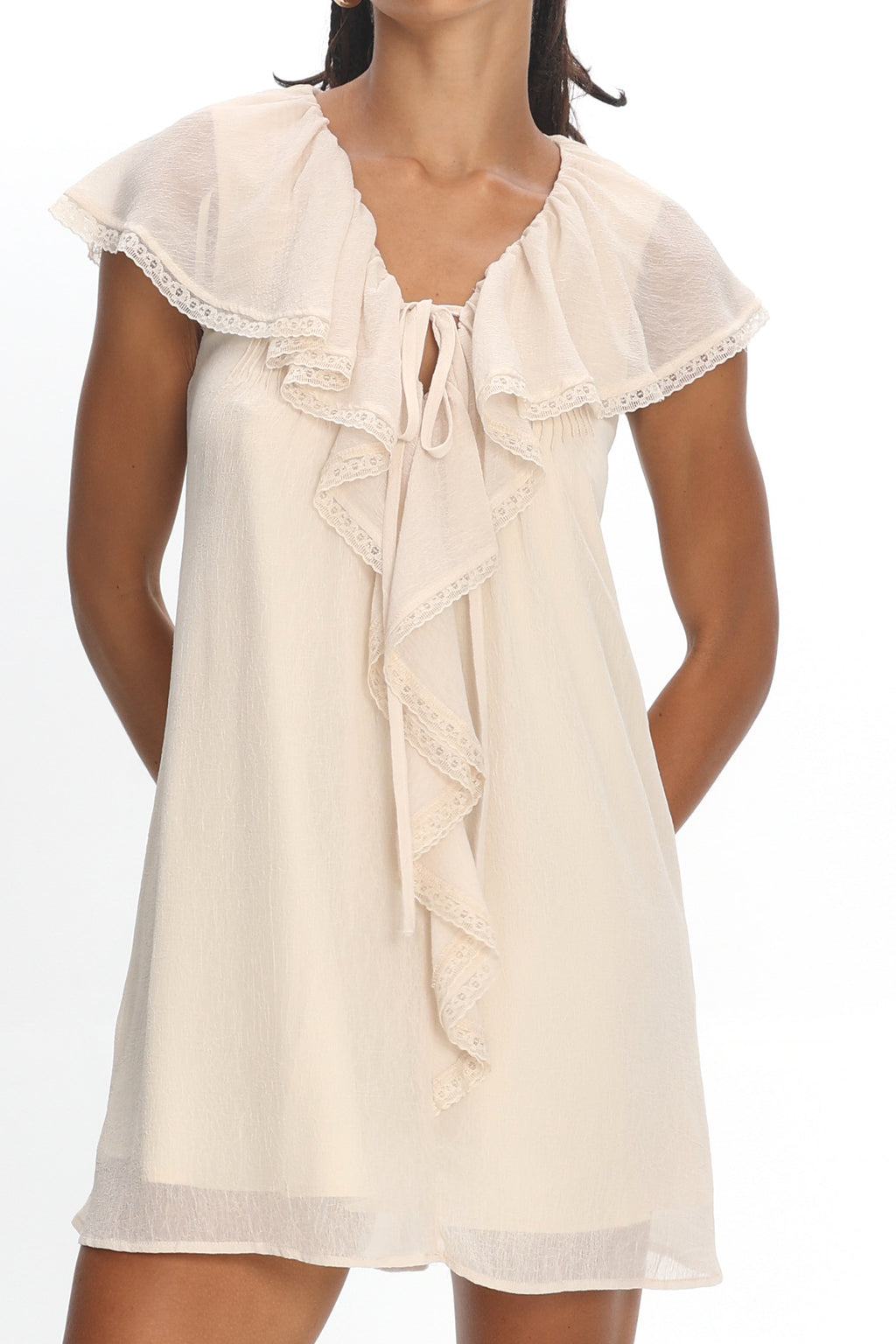 Zeeta Frill Neckline Mini Dress Off White