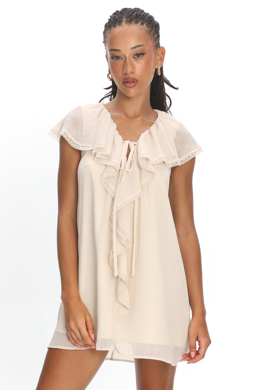 Zeeta Frill Neckline Mini Dress Off White